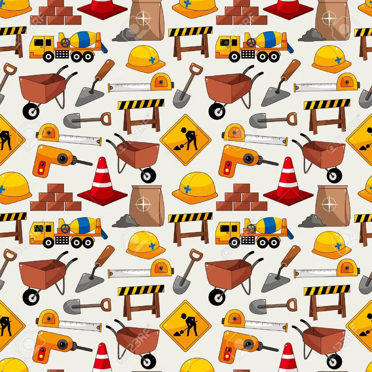 Design 桌布 壁紙 — 在淺色背景上重複出現的卡通建築工具和設備圖案，包括頭盔、手推車和水泥攪拌機。