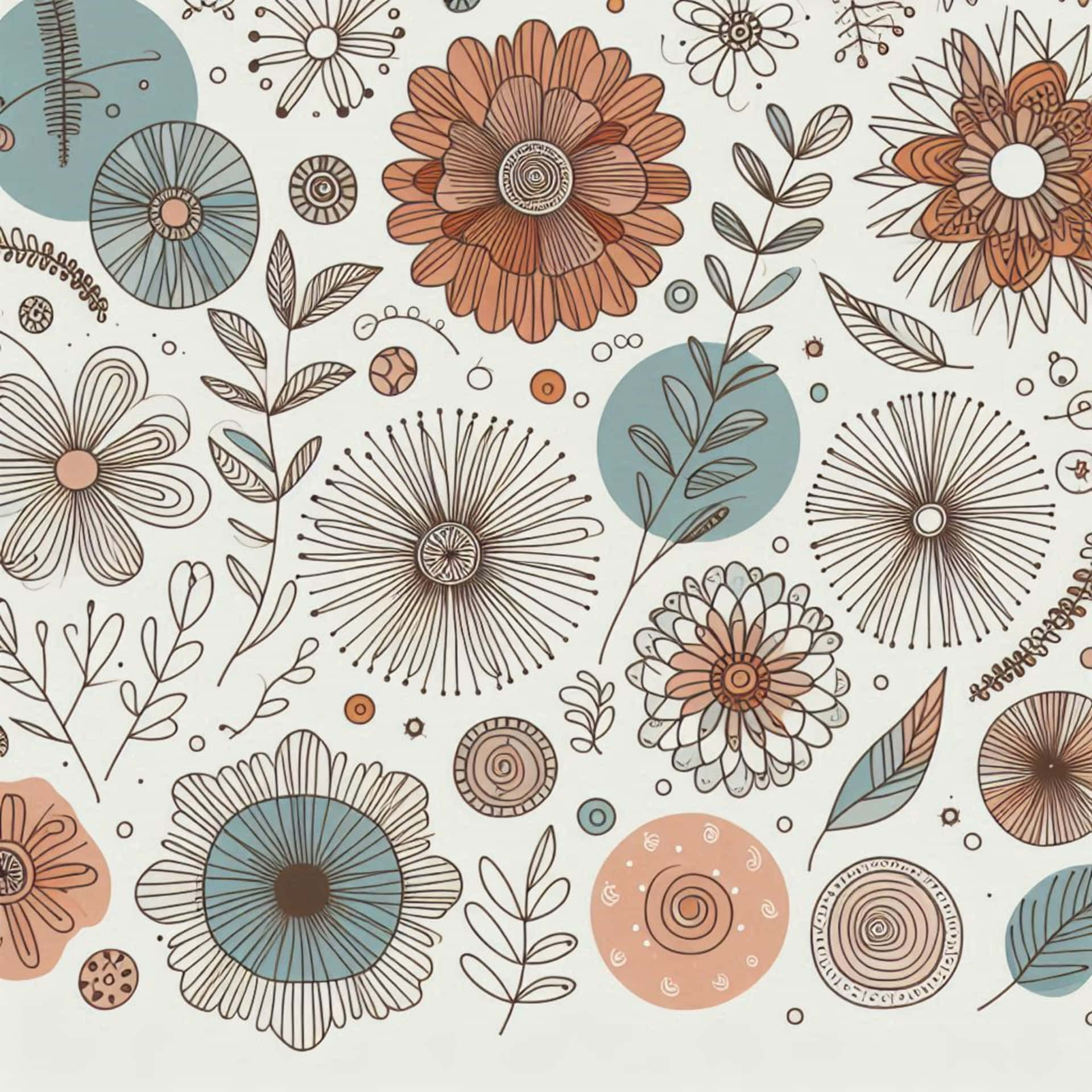 Boho Style Line Art Flowers 壁紙 — 在淺色背景上重複出現的風格化花卉和葉片圖案，採用大地色調。