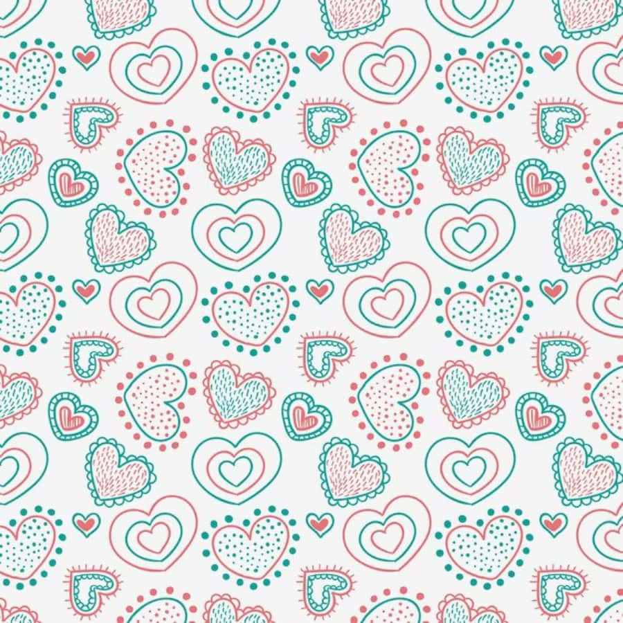 Heart Pattern 桌布 壁紙 — 在淺色背景上重複圖案，由粉紅色和藍綠色的手繪心形組成，帶有虛線和扇貝形邊框。