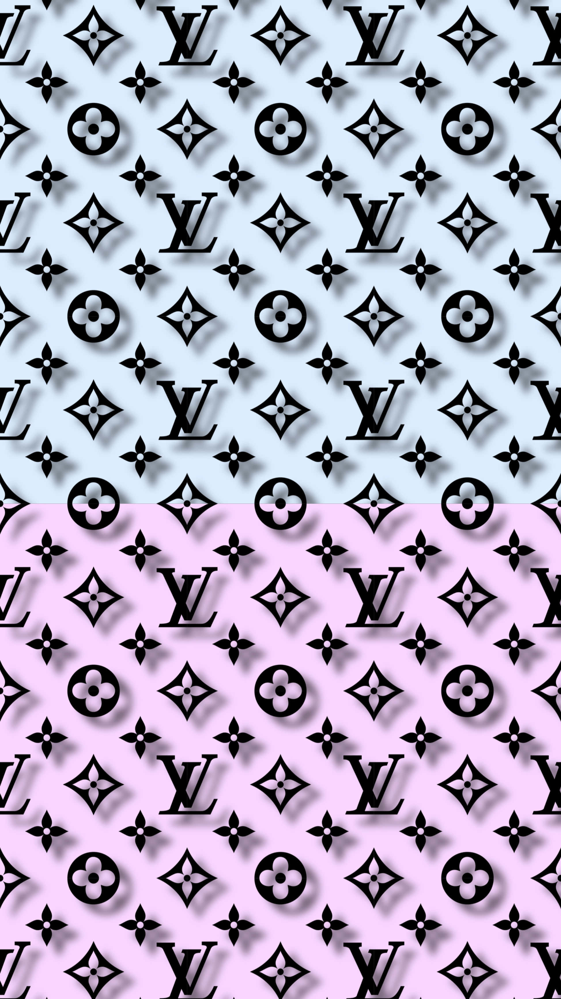 Louis Vuitton Pattern 桌布 壁紙 — 在淺藍色和粉紅色的分割背景上，帶有微妙陰影的黑色路易威登字母圖案重複圖案。