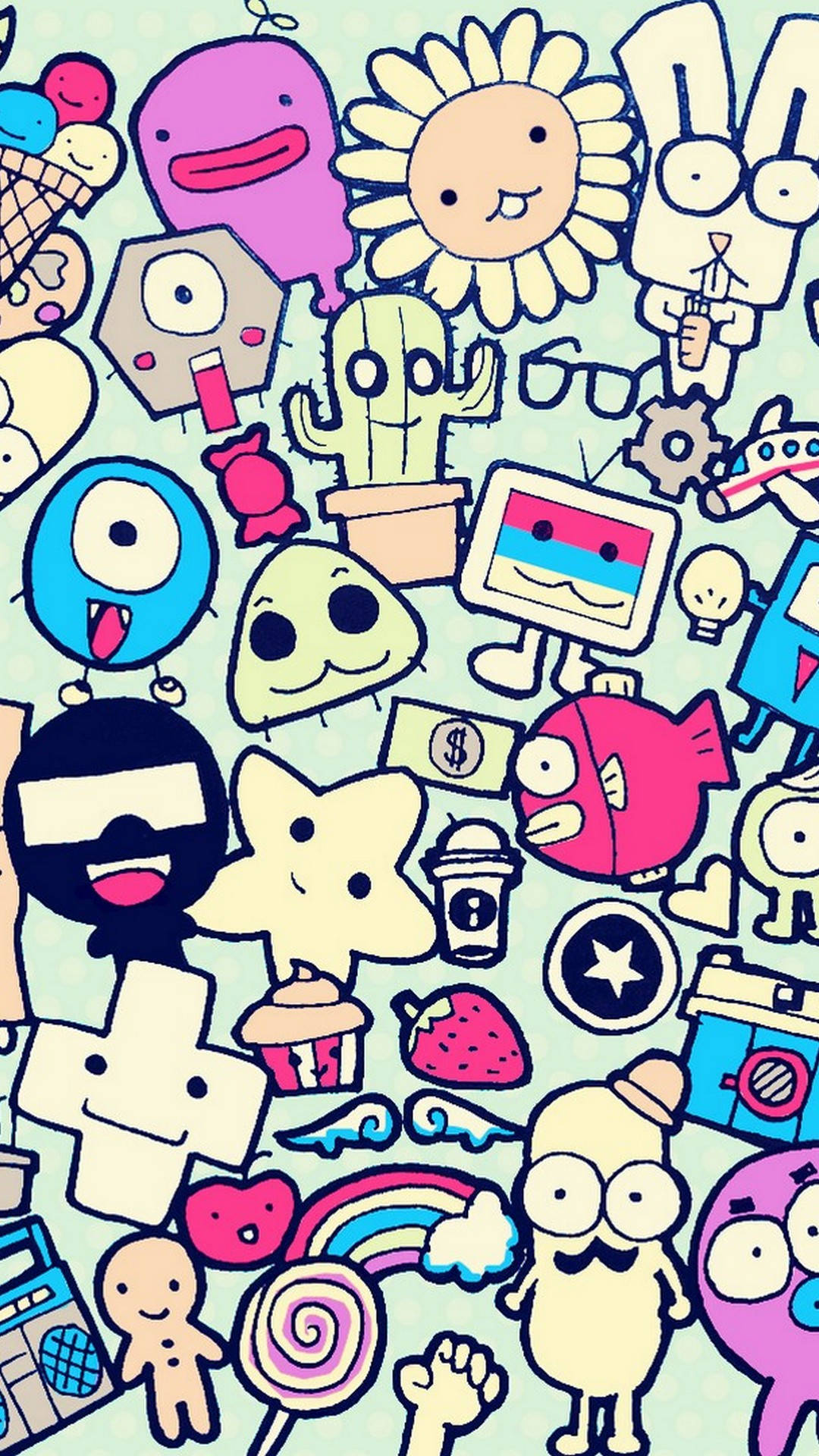 stickers 桌布 壁紙 — 在淺藍色背景上，一個充滿活力的拼貼畫，包含奇思妙想的卡通角色和物件，例如仙人掌、冰淇淋和彩虹。
