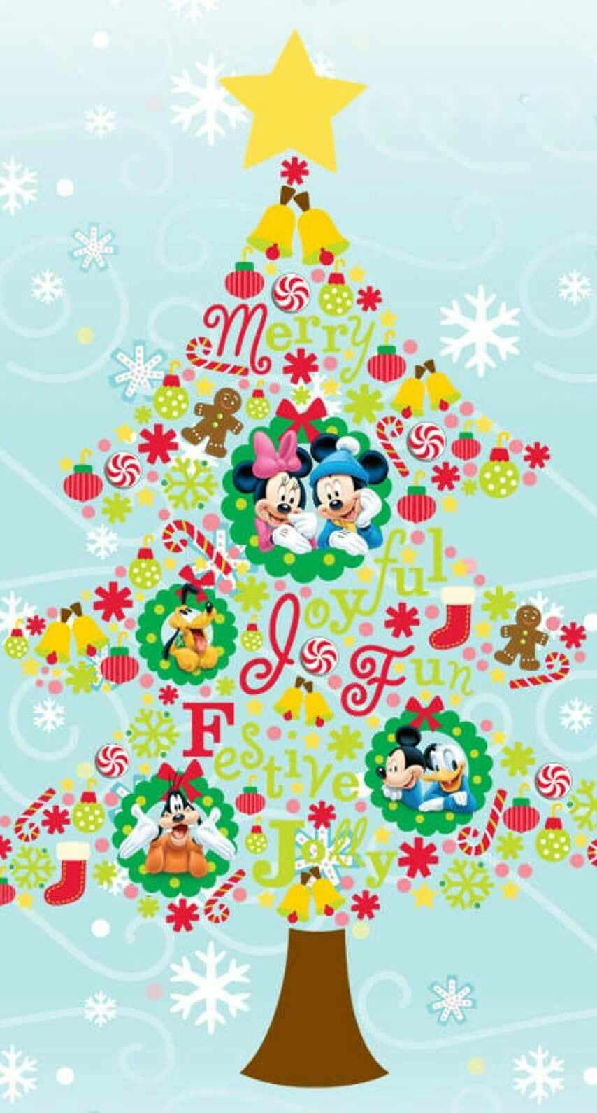 Disney Christmas iPad 桌布 壁紙 — 在淺藍色背景上，一棵節日聖誕樹裝飾著迪士尼角色、拐杖糖和雪花。