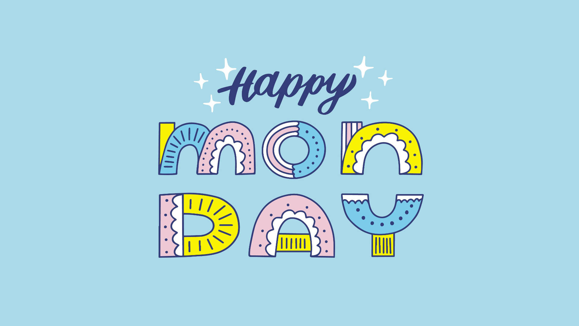 Happy Monday 桌布 壁紙 — 在淺藍色背景上，以俏皮柔和彩虹字母和閃光組成的「Happy Moon Day」文字。
