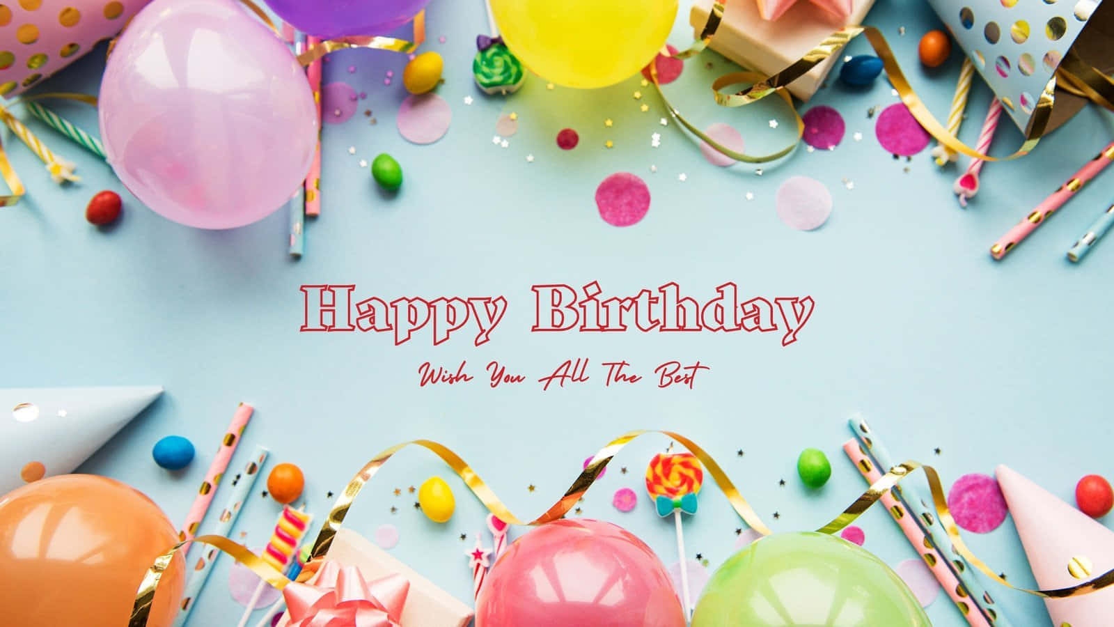 Birthday Wishes 桌布 壁紙 — 在淺藍色背景上，以彩色氣球、糖果和派對帽佈置的平鋪生日慶祝。