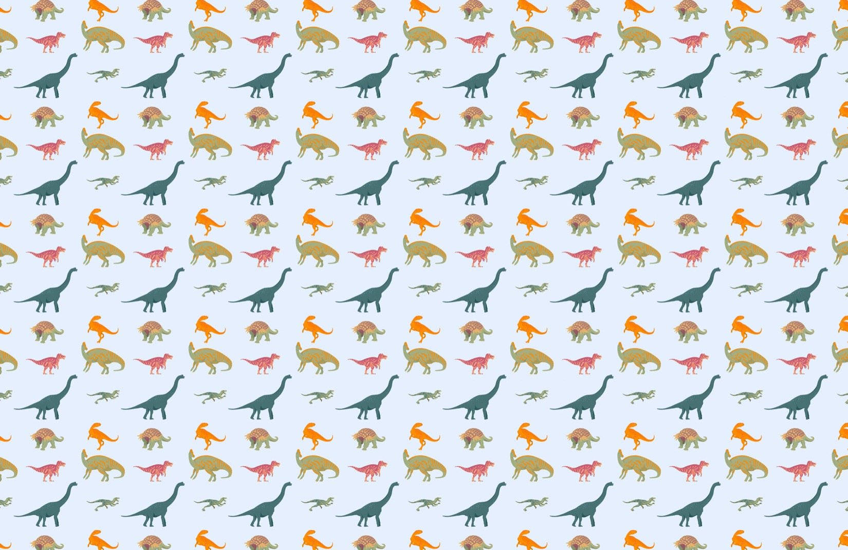 Cute Dinosaur Pattern 桌布 壁紙 — 在淺藍色背景上重複出現各種姿勢的彩色卡通恐龍圖案。