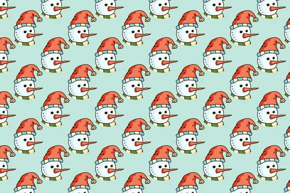 Christmas Pattern 桌布 壁紙 — 在淺藍色背景上重複出現的快樂卡通雪人圖案，戴著紅色帽子和圍巾。