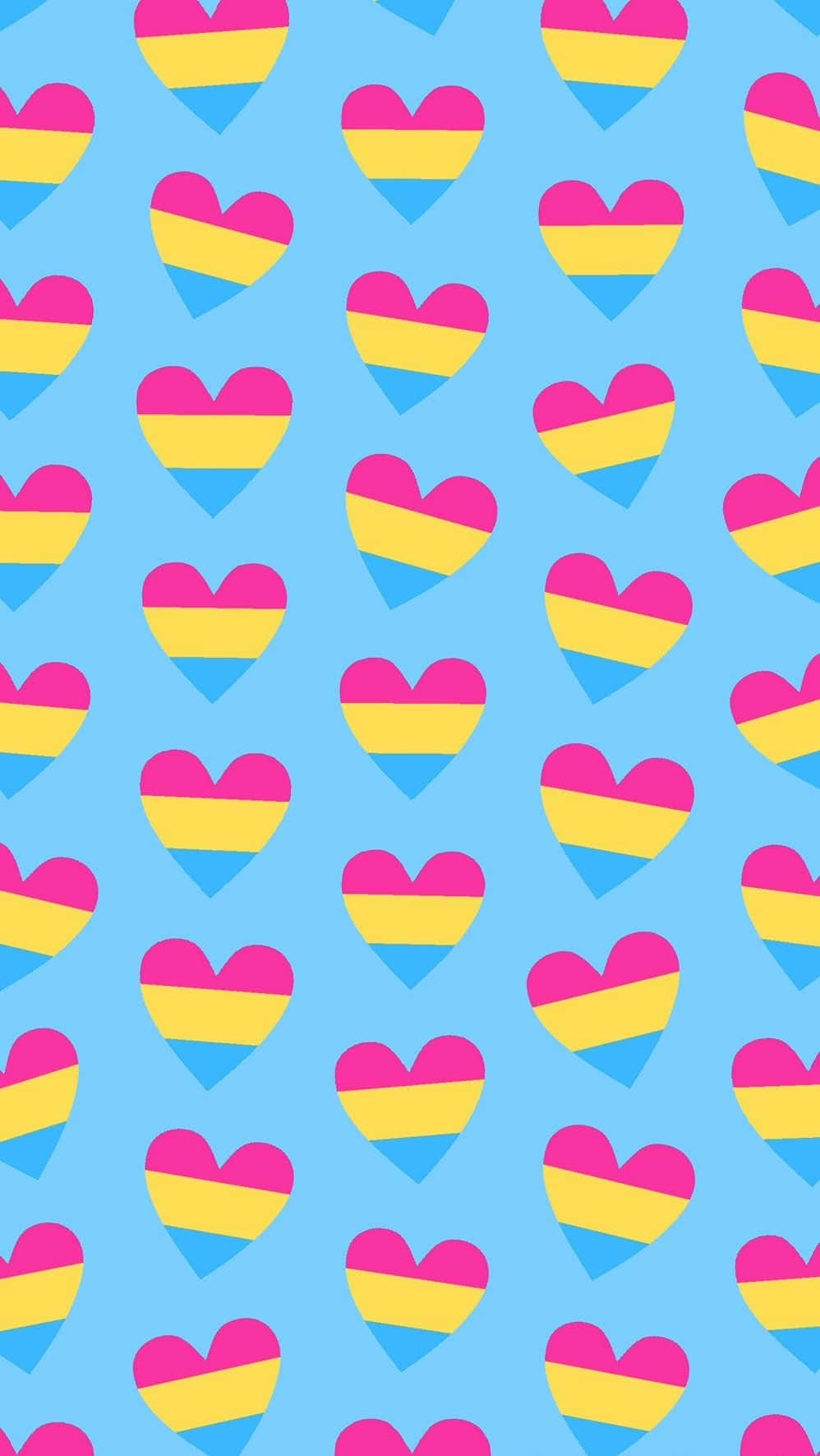 Pansexual 桌布 壁紙 — 在淺藍色背景上重複出現的粉紅色、黃色和藍色彩色心形圖案。