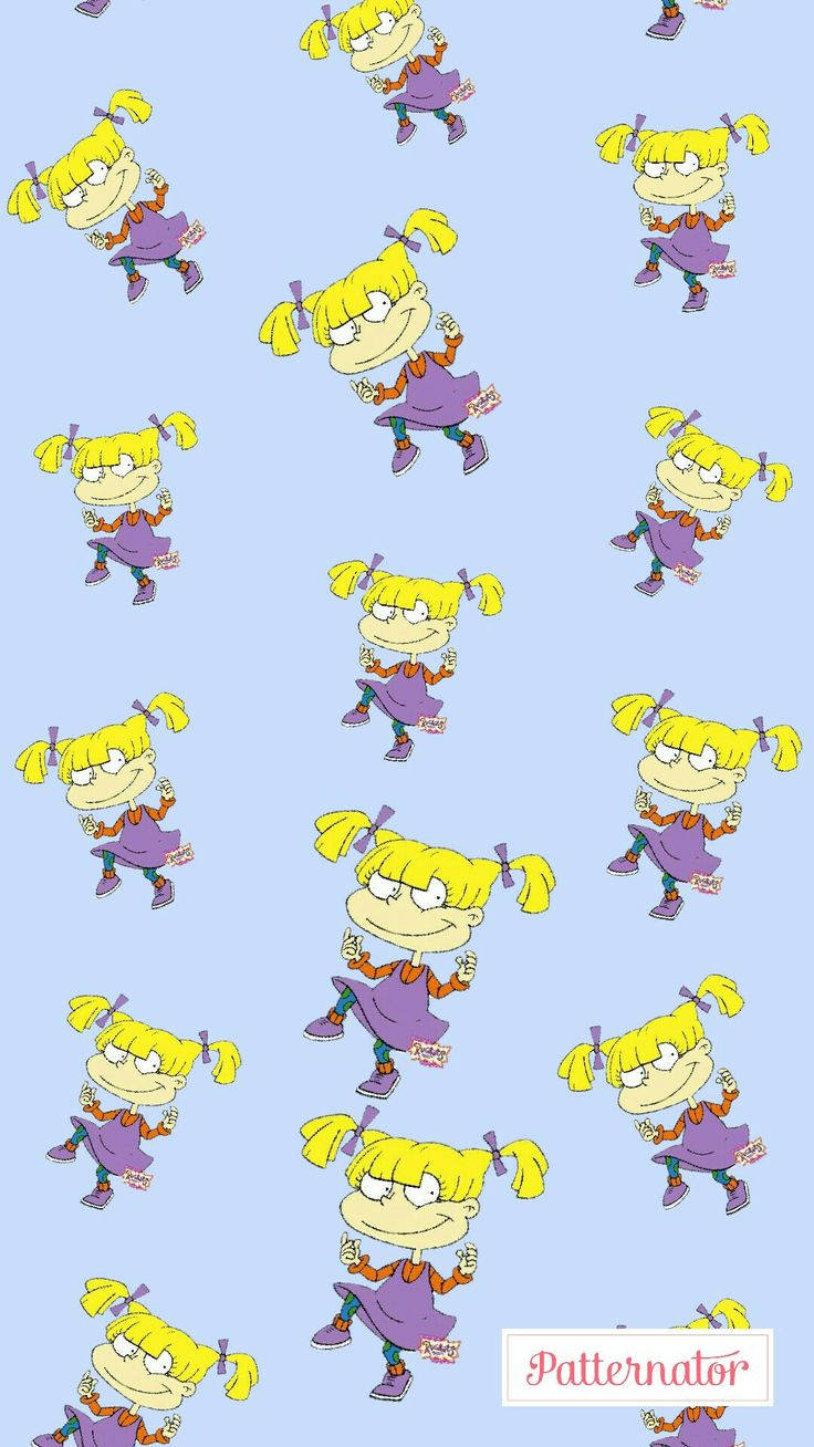 angelica pickles 桌布 壁紙 — 在淺藍色背景上重複出現的金色辮子、紫色連衣裙卡通角色。