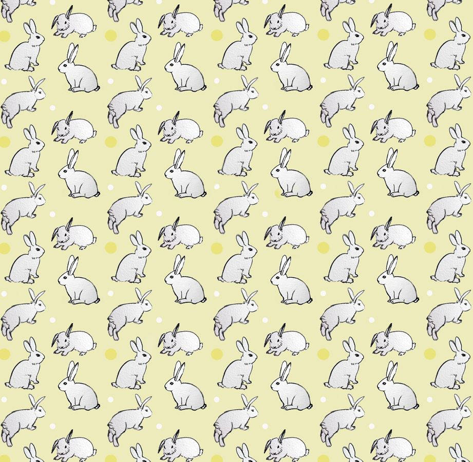 Cute Bunny 桌布 壁紙 — 在淺黃色背景上，帶有白色和黃色圓點，重複出現各種姿勢的灰色兔子圖案。