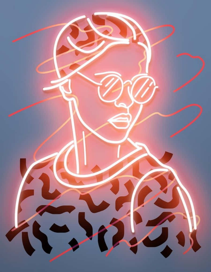 Aesthetic Drawings 桌布 壁紙 — 在清涼的藍色背景上，一個戴著太陽眼鏡和圖案上衣的人物的發光霓虹輪廓。
