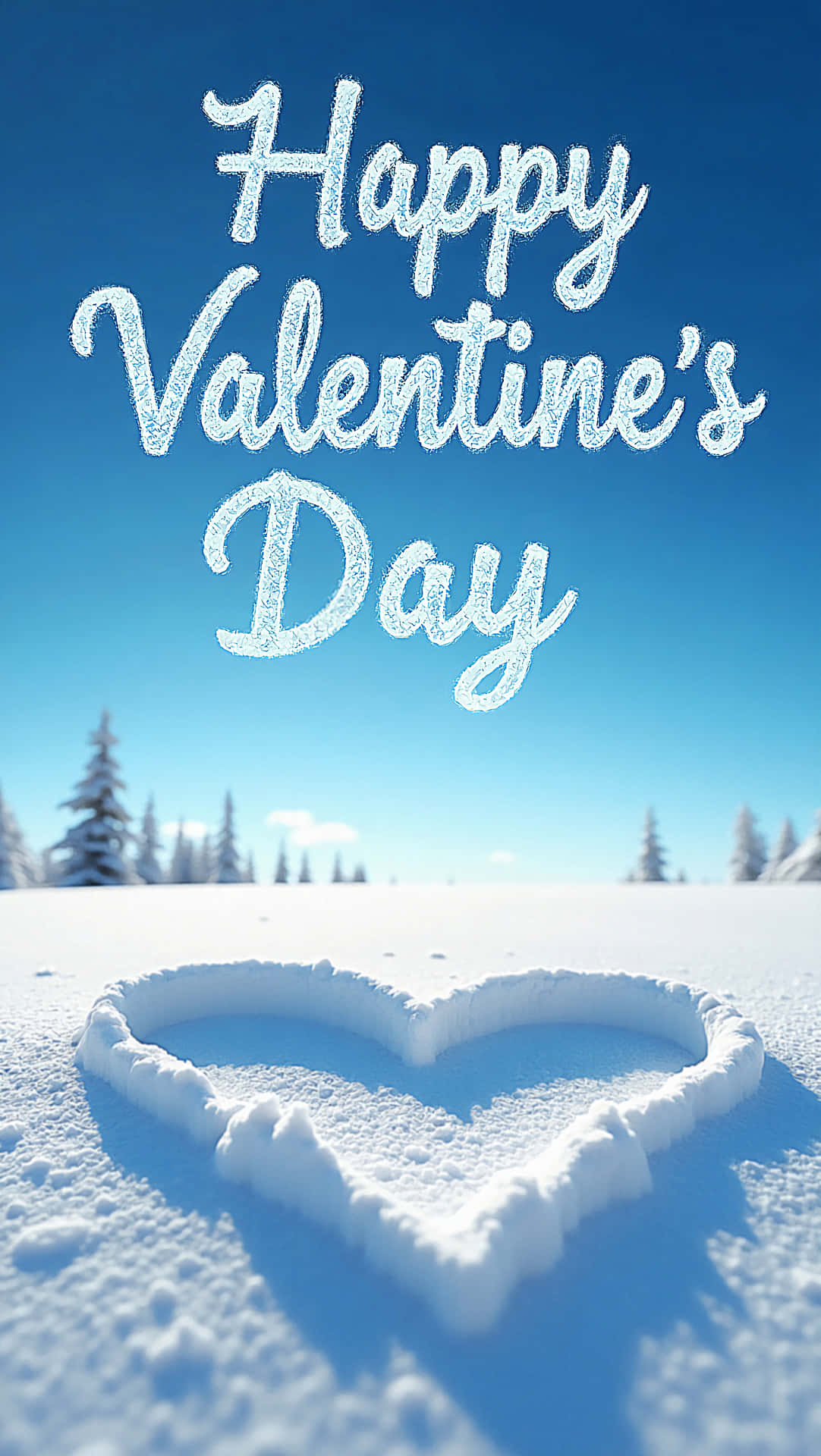 Valetine's day 壁紙 — 在清澈藍天下新鮮雪地上畫的心形，遠方松樹上方有霜凍字體寫著「Happy Valentine's Day」。