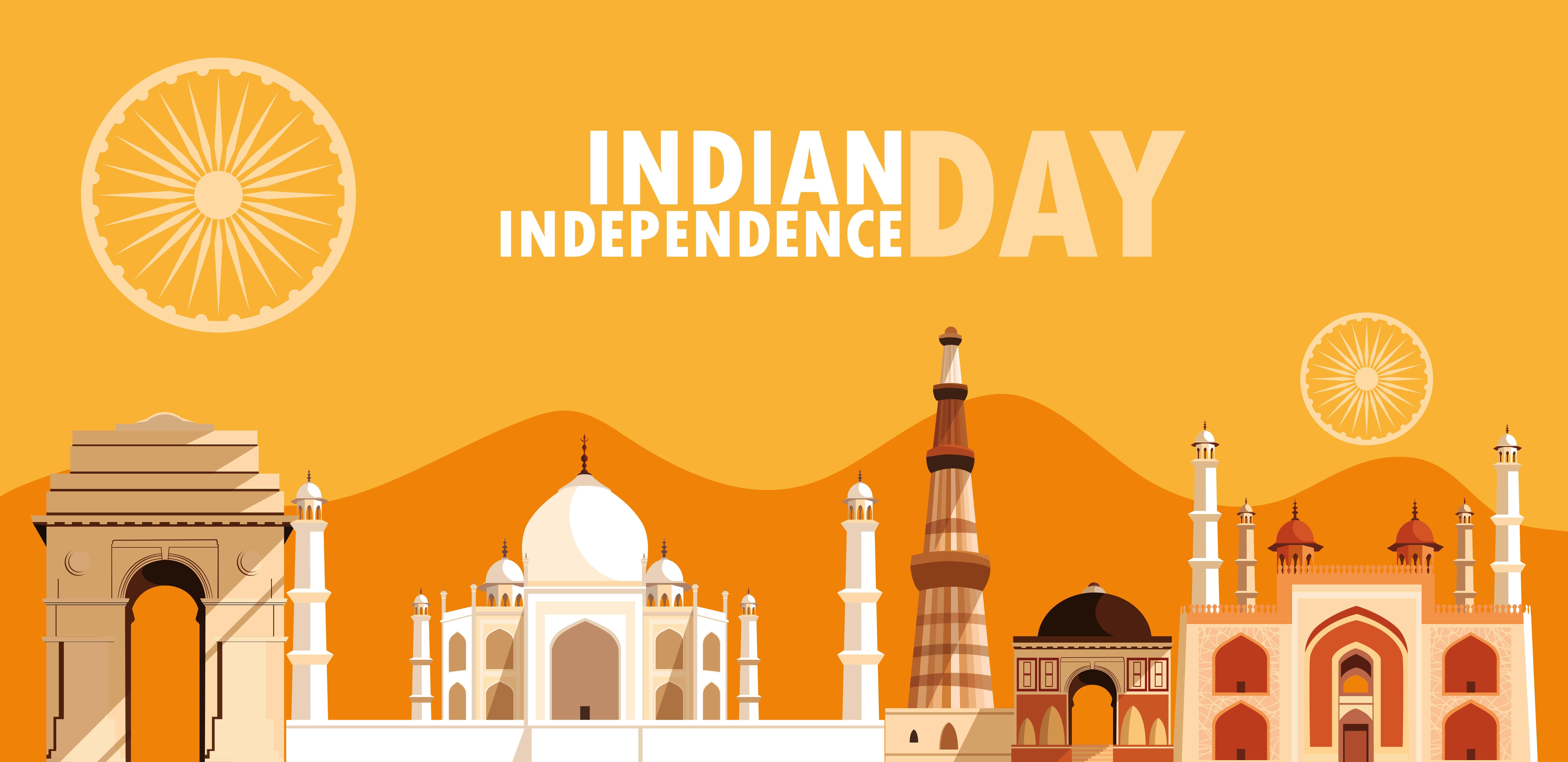 India Independence Day 桌布 壁紙 — 在溫暖橙色天空下，以平面向量插圖描繪標誌性印度地標，包含「Indian Independence Day」文字及阿育王法輪符號。