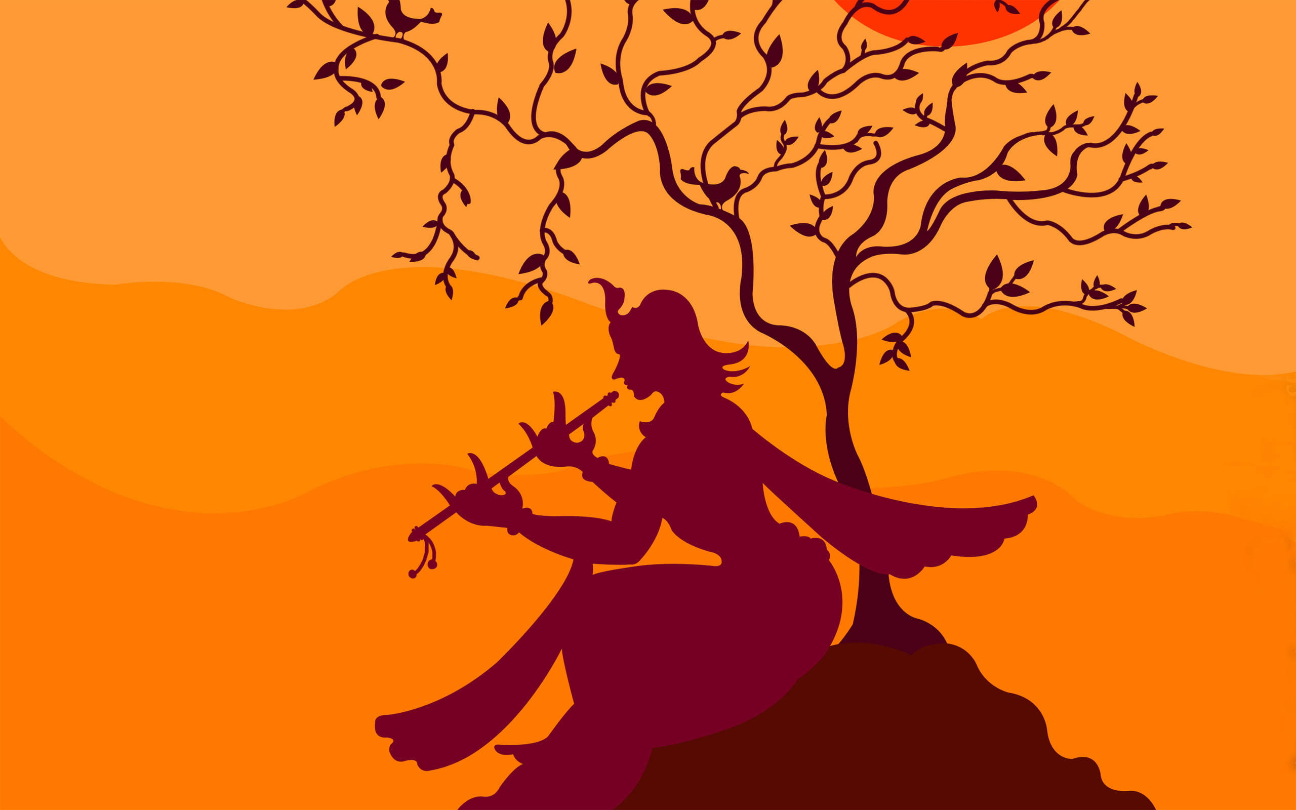 Shri Krishna 桌布 壁紙 — 在溫暖橙色日落天空下，一棵光禿樹下吹笛子的有翼人物剪影。