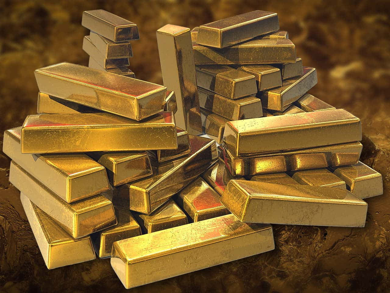 金色動態 桌布 壁紙 — 在溫暖燈光下，一堆閃閃發光的金條雜亂地堆疊在質樸的泥土表面上。