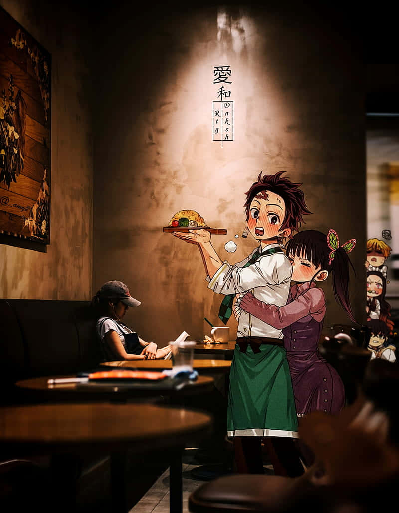 鬼滅之刃 桌布 壁紙 — 在溫暖燈光的咖啡廳中，一個動漫角色正在提供食物，另一個從背後擁抱他們。
