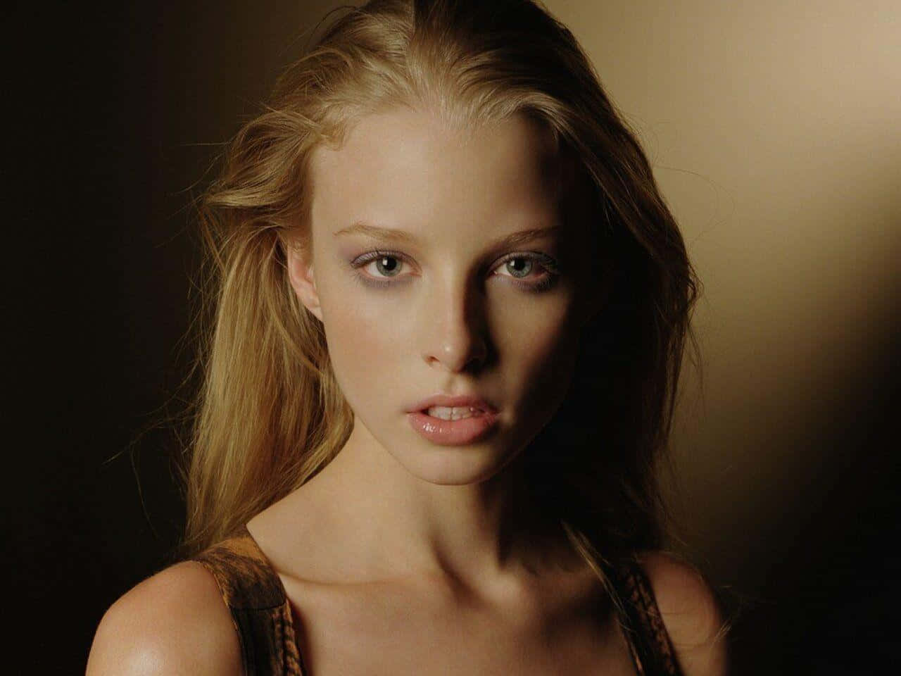 rachel nichols 桌布 壁紙 — 在溫暖的攝影棚燈光下，一位金髮碧眼、眼神強烈的女性特寫肖像，直視鏡頭。
