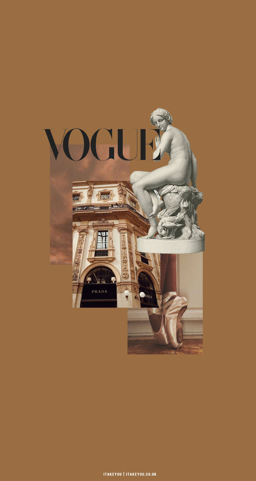 米色棕色美學動圖 桌布 壁紙 — 在溫暖的棕色背景上，Vogue 文字、大理石雕像、Prada 建築物和芭蕾舞鞋的拼貼畫。