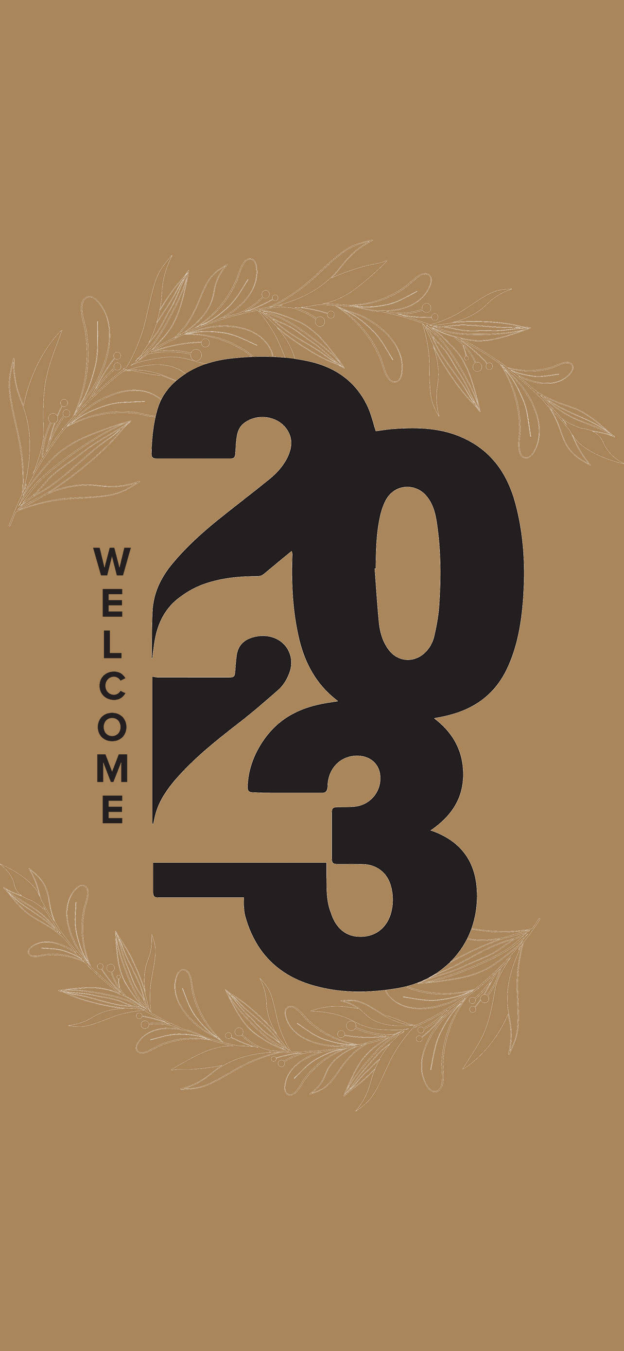 純色動圖 桌布 壁紙 — 在溫暖的棕色背景上，粗體黑色「2023」文字旁邊有「WELCOME」，並以精緻的樹葉枝條框住。