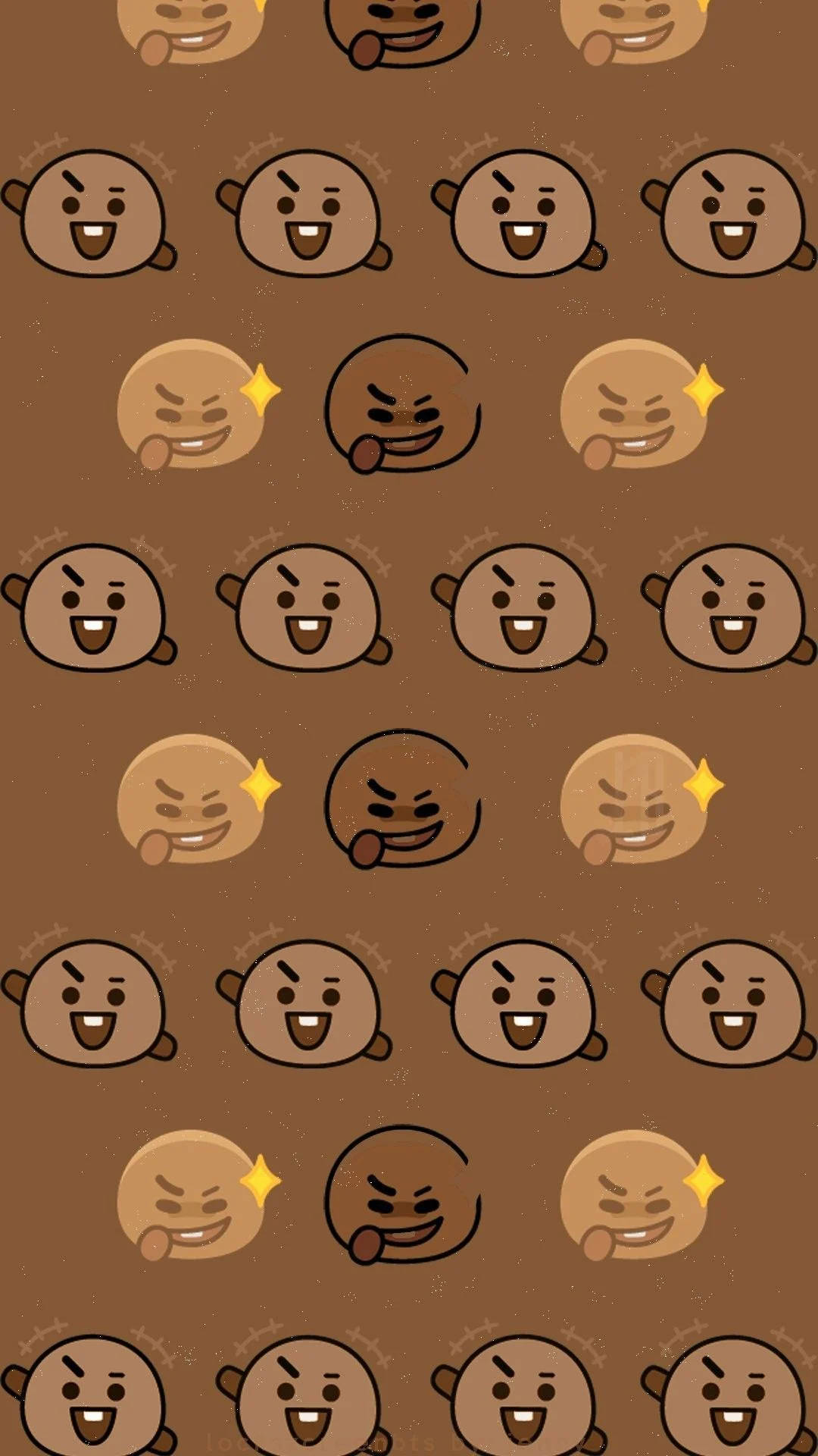 shooky bt21 桌布 壁紙 — 在溫暖的棕色背景上，重複的可愛卡通臉部圖案，帶有各種俏皮表情。