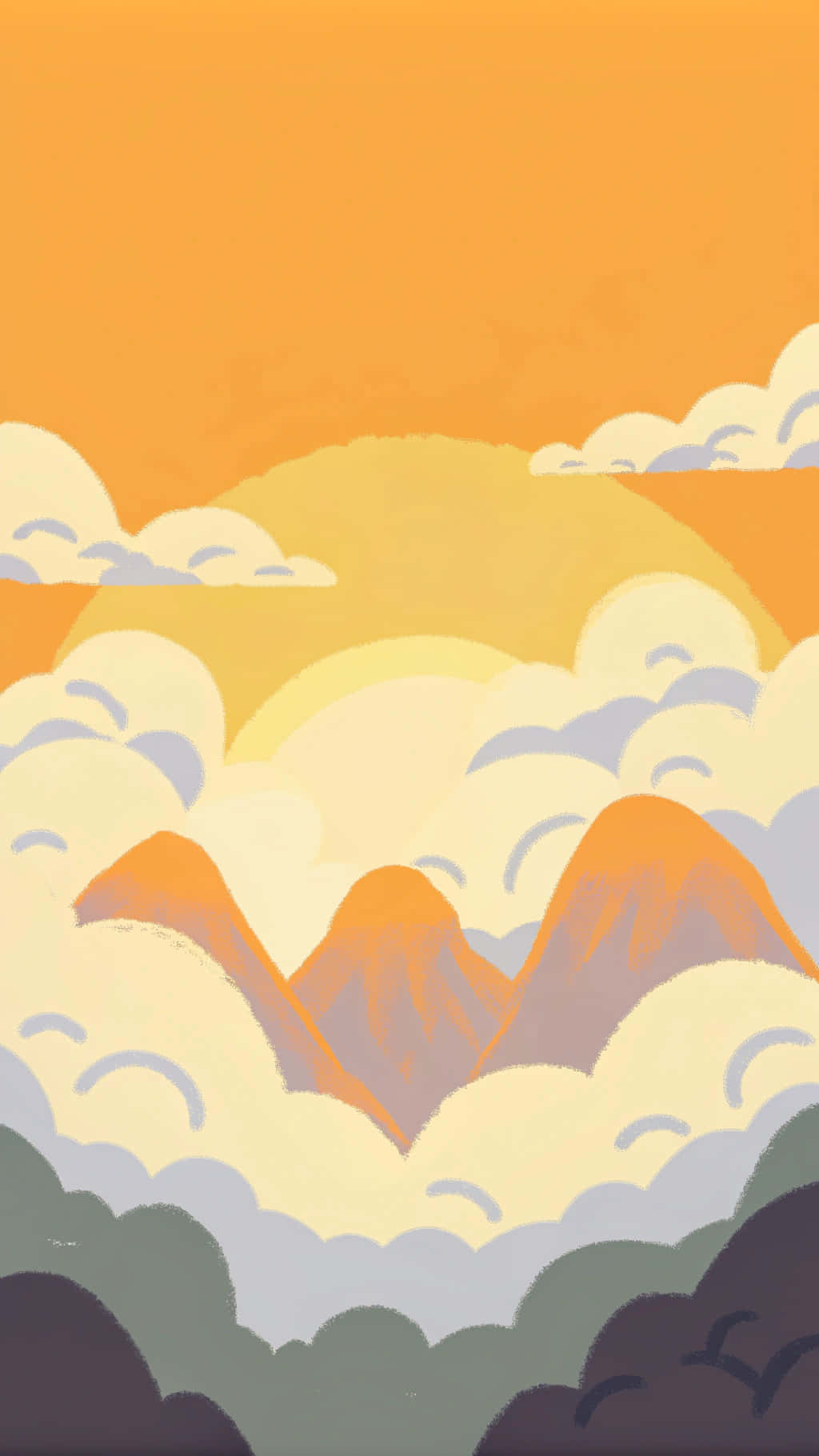 Yellow Abstract 桌布 壁紙 — 在溫暖的橙色日落天空下，層疊的雲層中顯現出風格化的山脈。
