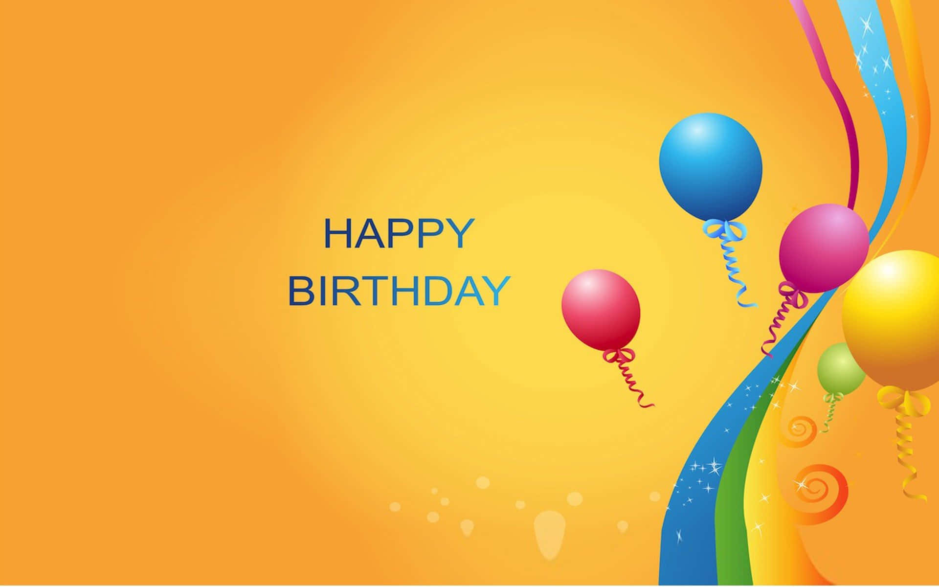 Birthday 桌布 壁紙 — 在溫暖的橙色漸層背景上，以色彩繽紛的氣球和旋轉絲帶組成的充滿活力的生日祝福。