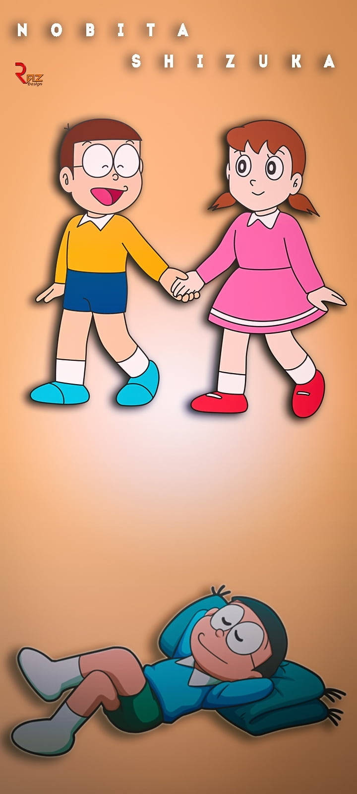 Doraemon 桌布 壁紙 — 在溫暖的橙色背景上，大雄和靜香手牽手微笑在睡覺的多啦A夢上方。