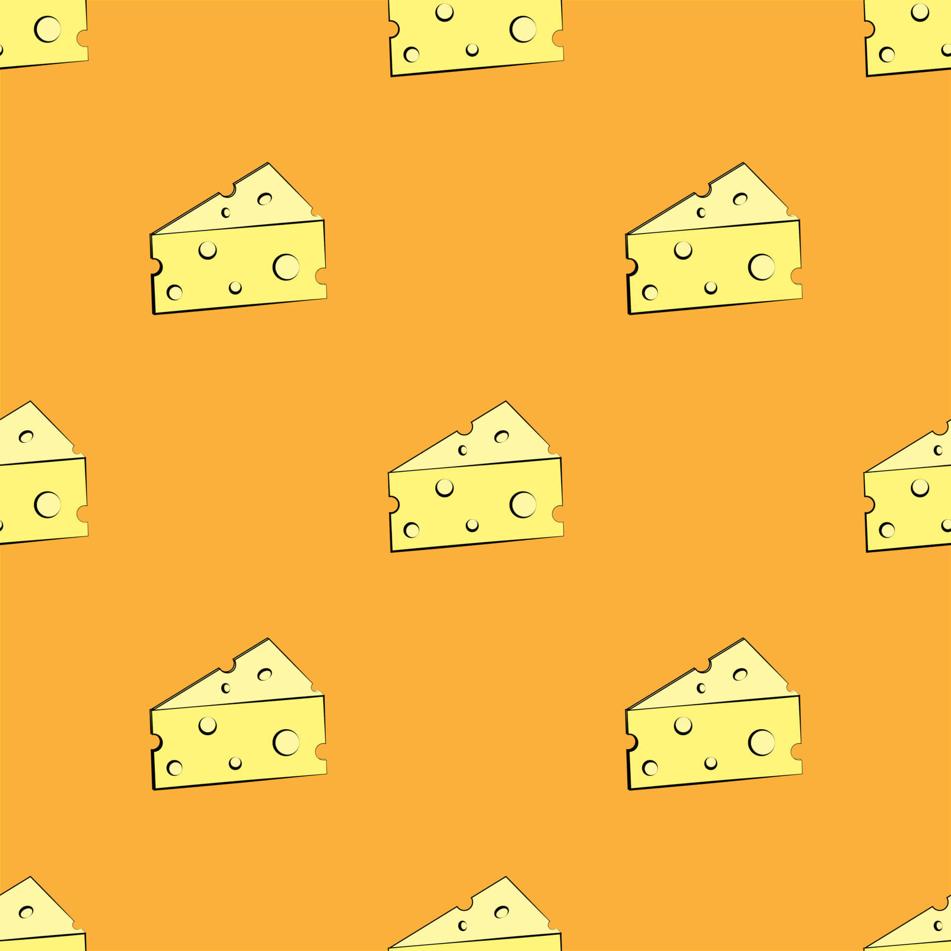 Cheese 桌布 壁紙 — 在溫暖的橙色背景上重複出現帶孔的黃色起司片，形成俏皮圖案。