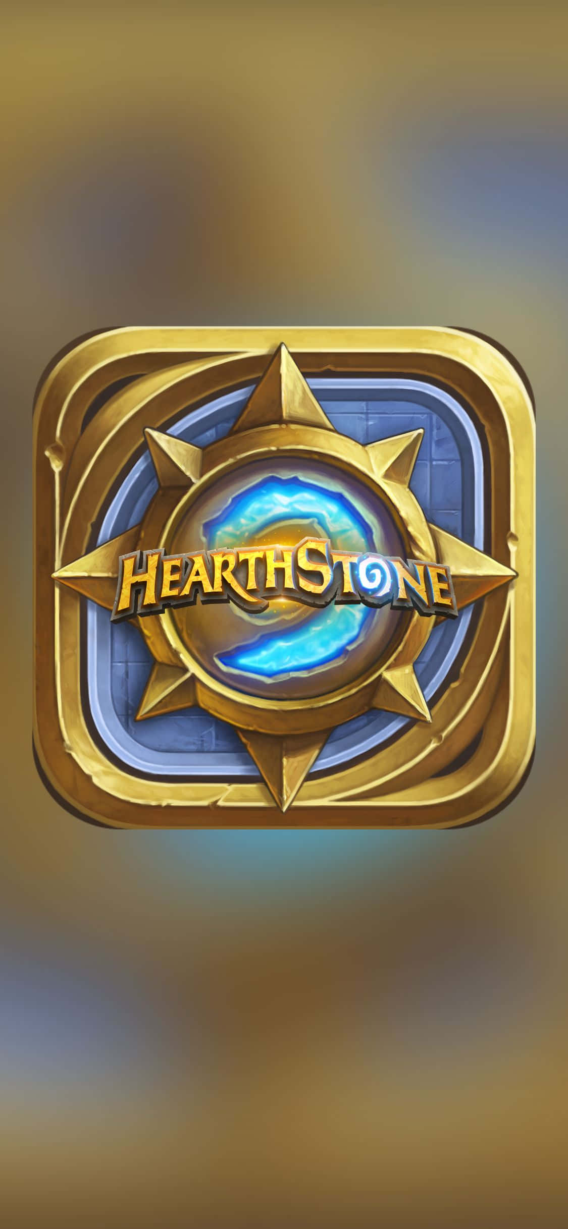 遊戲 桌布 壁紙 — 在溫暖的漸變背景上，金色星爆框架內的Hearthstone標誌散發出藍色能量光芒。