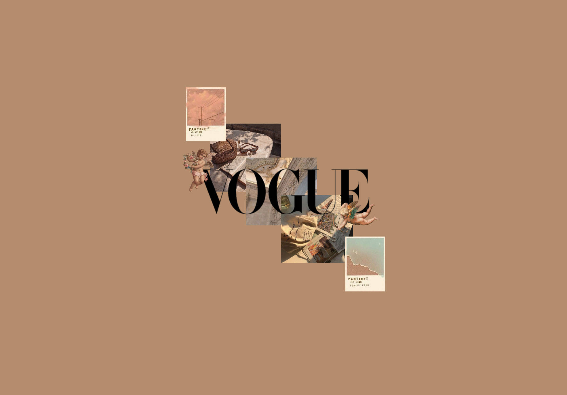 美學棕色 桌布 壁紙 — 在溫暖的灰褐色背景上，以粗體的Vogue標誌為中心，排列著復古Vogue雜誌剪報和插圖的極簡拼貼畫。