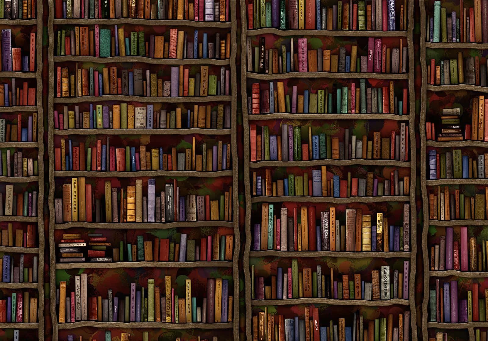 The Hogwarts Library 桌布 壁紙 — 在溫暖的環境燈光下，一個密集對稱的木書架排列，裝滿了色彩繽紛的復古書籍。