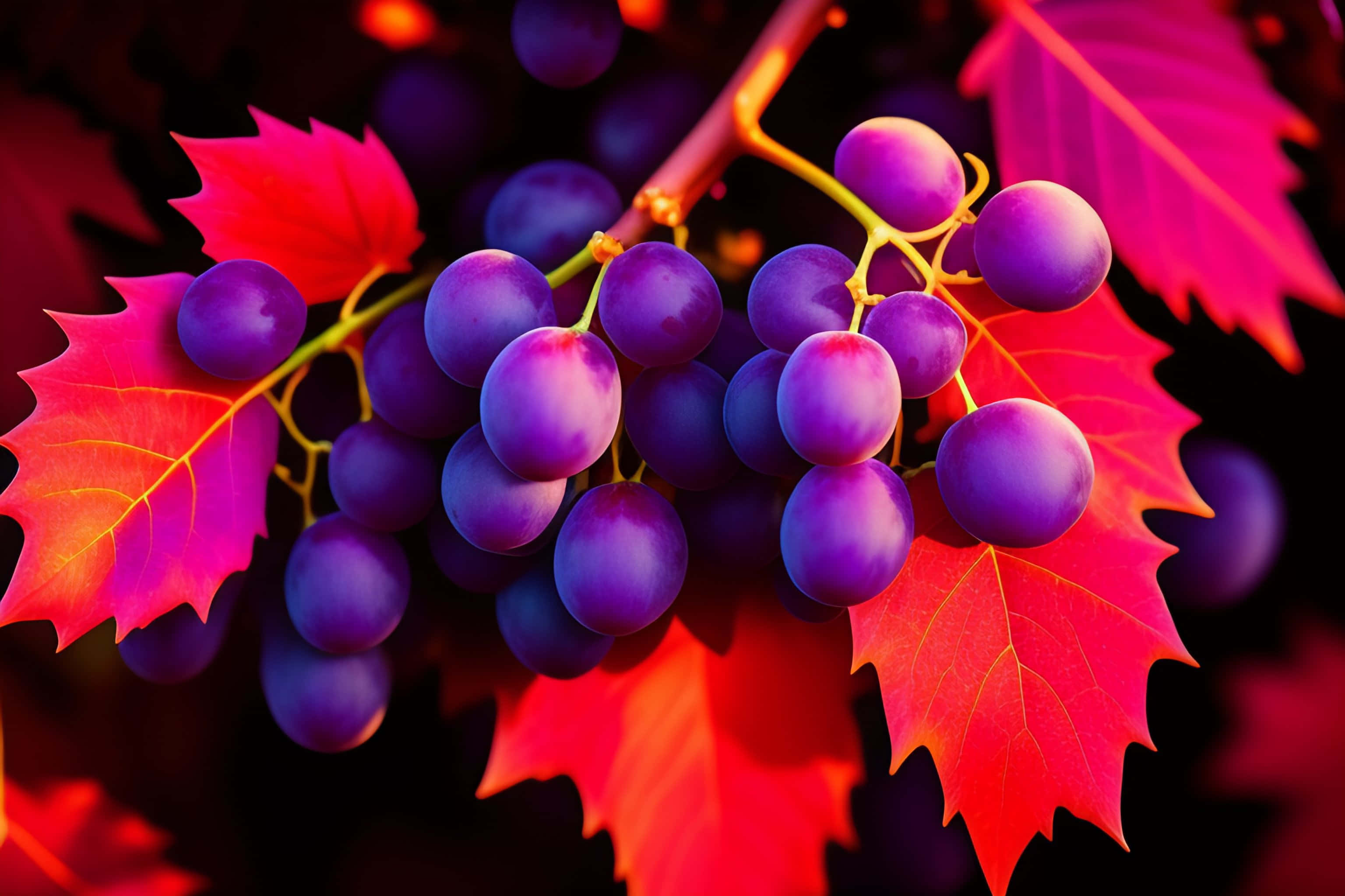 Purple Grapes 桌布 壁紙 — 在溫暖的秋光下，鮮豔的紫色葡萄簇擁在火紅的楓葉之間。