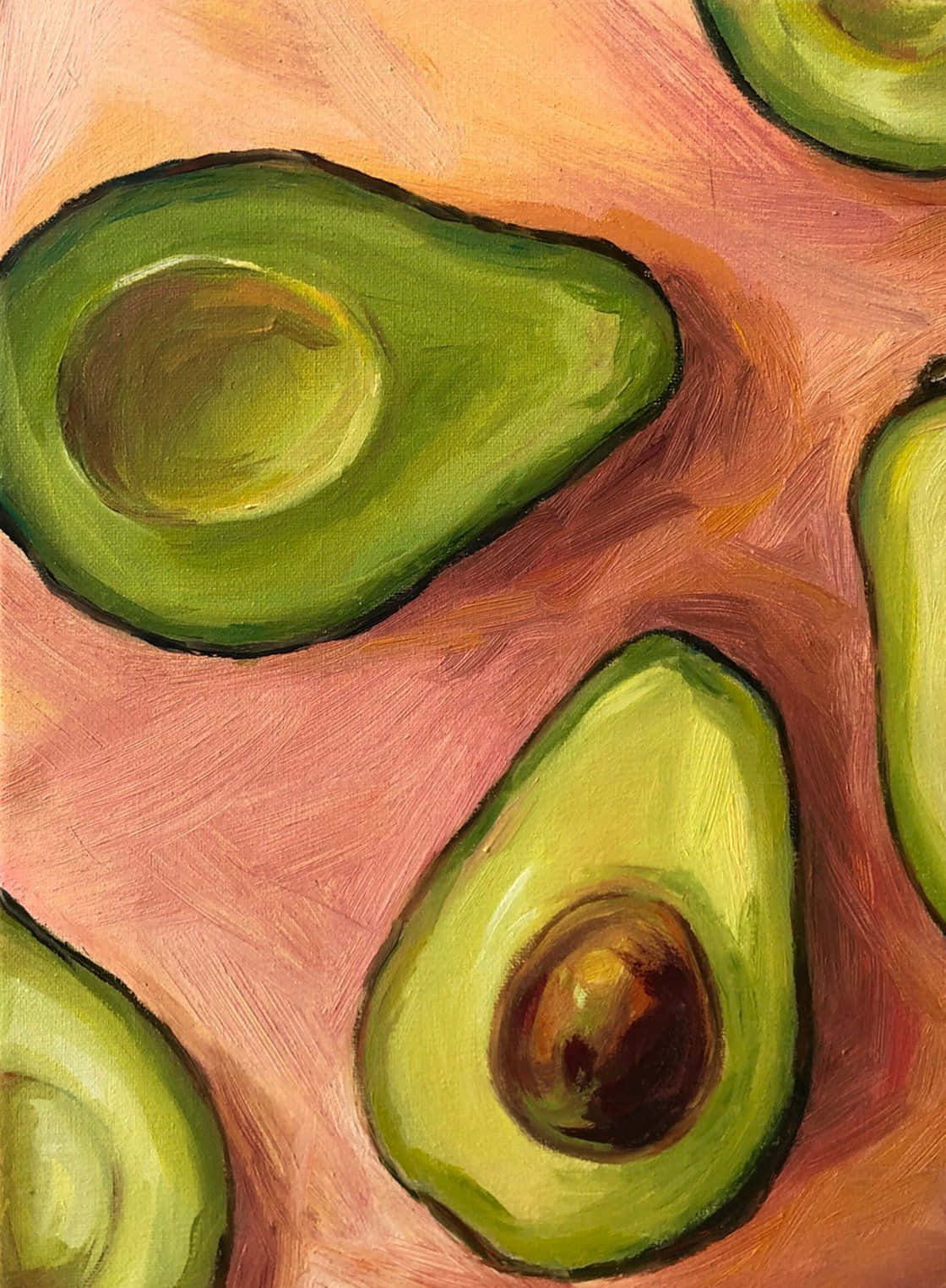 Minimalist Painting 桌布 壁紙 — 在溫暖的粉紅色背景上，用帶有紋理的油彩繪製的切片酪梨，可見筆觸。