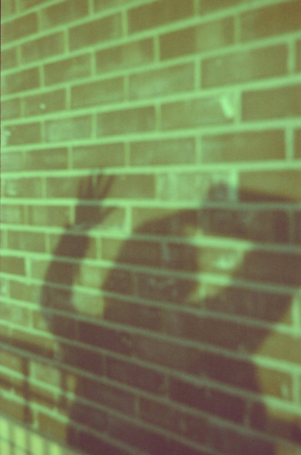 一個陰影般的人物在柔和的綠光中對著磚牆揮手。 — iPhone 4K 壁紙 壁紙