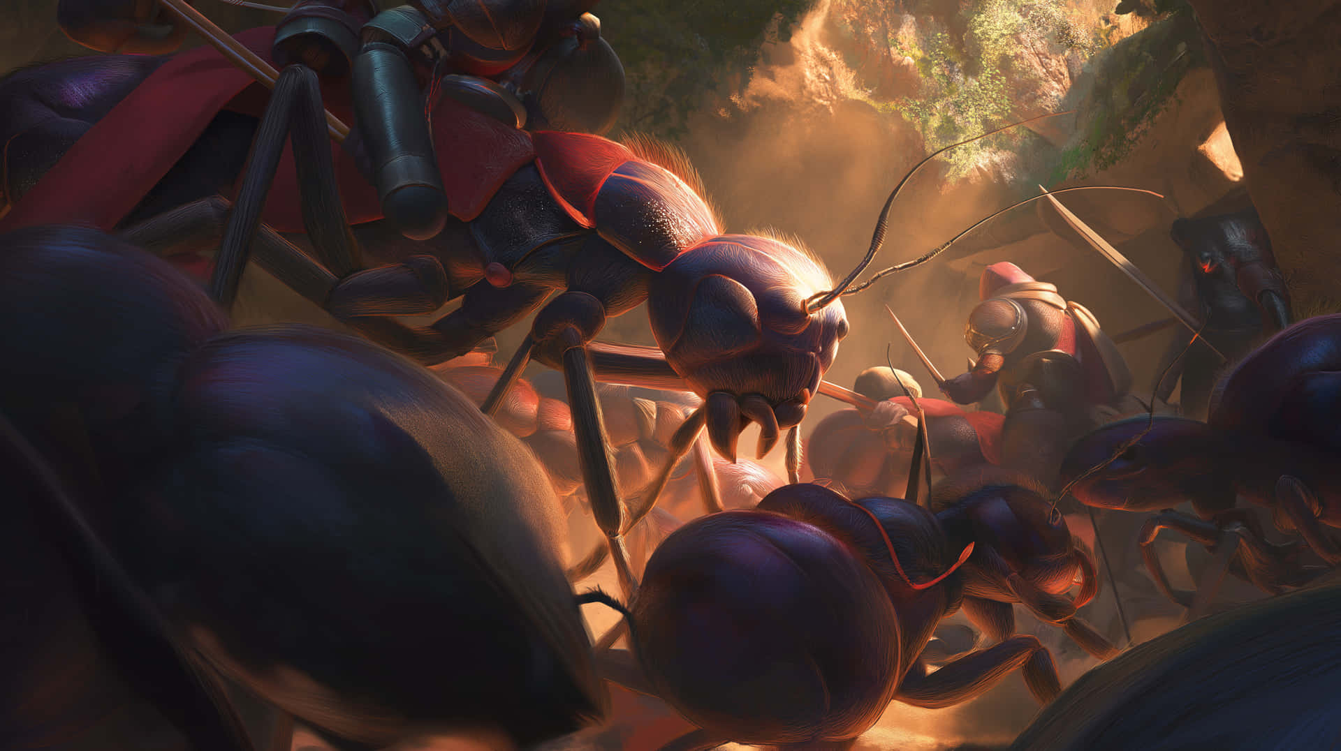 Legion of Armored Insectoids in a Cavernous Setting 壁紙 — 在溫暖的金色光線下，巨型裝甲螞蟻在塵埃和碎片中戰鬥的戲劇性特寫。