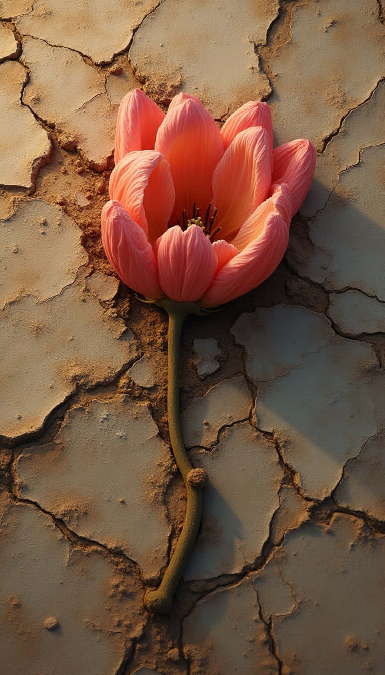 Flower 壁紙 — 在溫暖的金色光芒下，一朵嬌嫩的粉紅色花朵從龜裂的土地上頑強綻放。