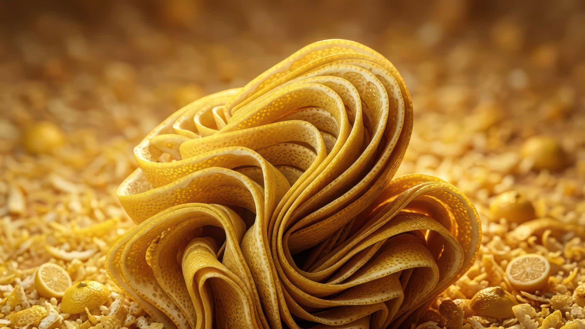 Lemon fruit Bloom modded wallpaper for desktop Enhancement, 壁紙 — 在溫暖的金色燈光下，一條有紋理的黃色柑橘皮螺旋放在散落的檸檬片和檸檬皮屑上。