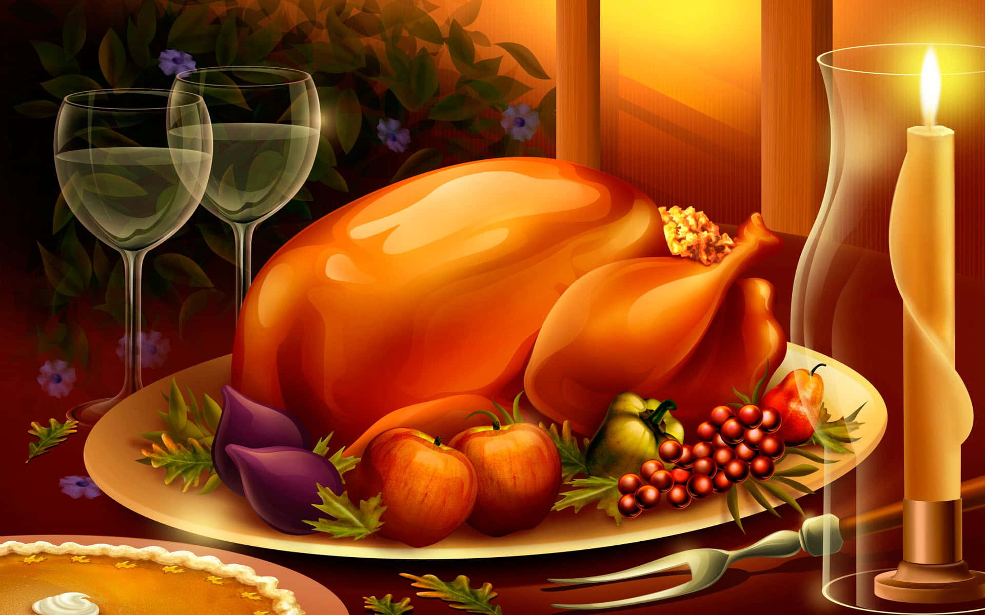 Thanksgiving Desktop 桌布 壁紙 — 在溫暖的金色燈光下，一隻烤火雞作為節日餐桌上的焦點，搭配蠟燭、蘋果和酒杯。