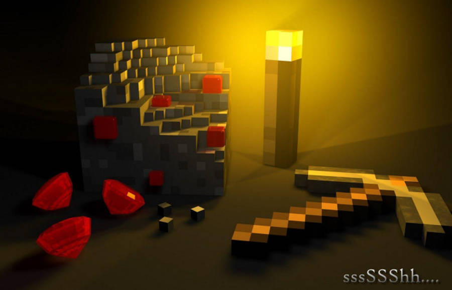 Stone 桌布 壁紙 — 在溫暖的黃光下，一把Minecraft風格的像素化劍和紅色寶石放在發光的火炬和石塊旁邊。