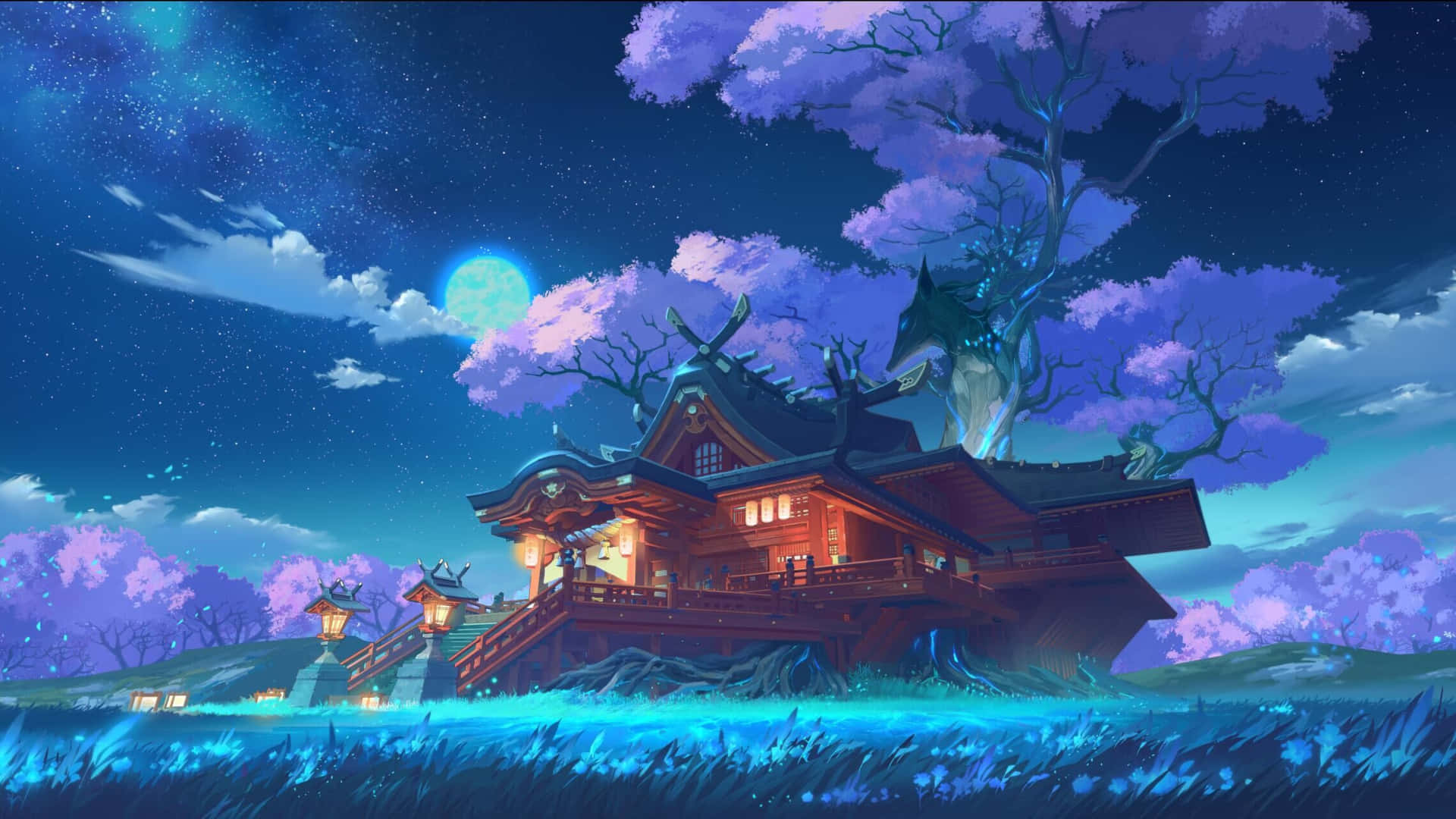 雷電將軍 桌布 壁紙 — 在滿月和紫色櫻花盛開的星空夜空下，一座發光的傳統日本神社。
