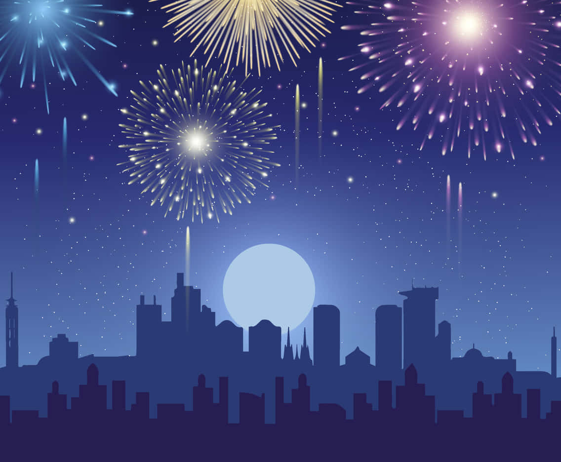 Fireworks 桌布 壁紙 — 在滿月和繁星點點的夜空下，色彩繽紛的煙火在城市天際線上綻放。
