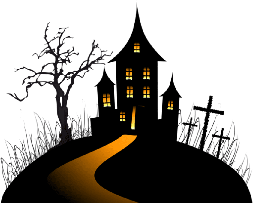 Haunted House Halloween 桌布 壁紙 — 在漆黑的夜空下，一條蜿蜒小徑的盡頭矗立著一棟窗戶發光的恐怖鬼屋。