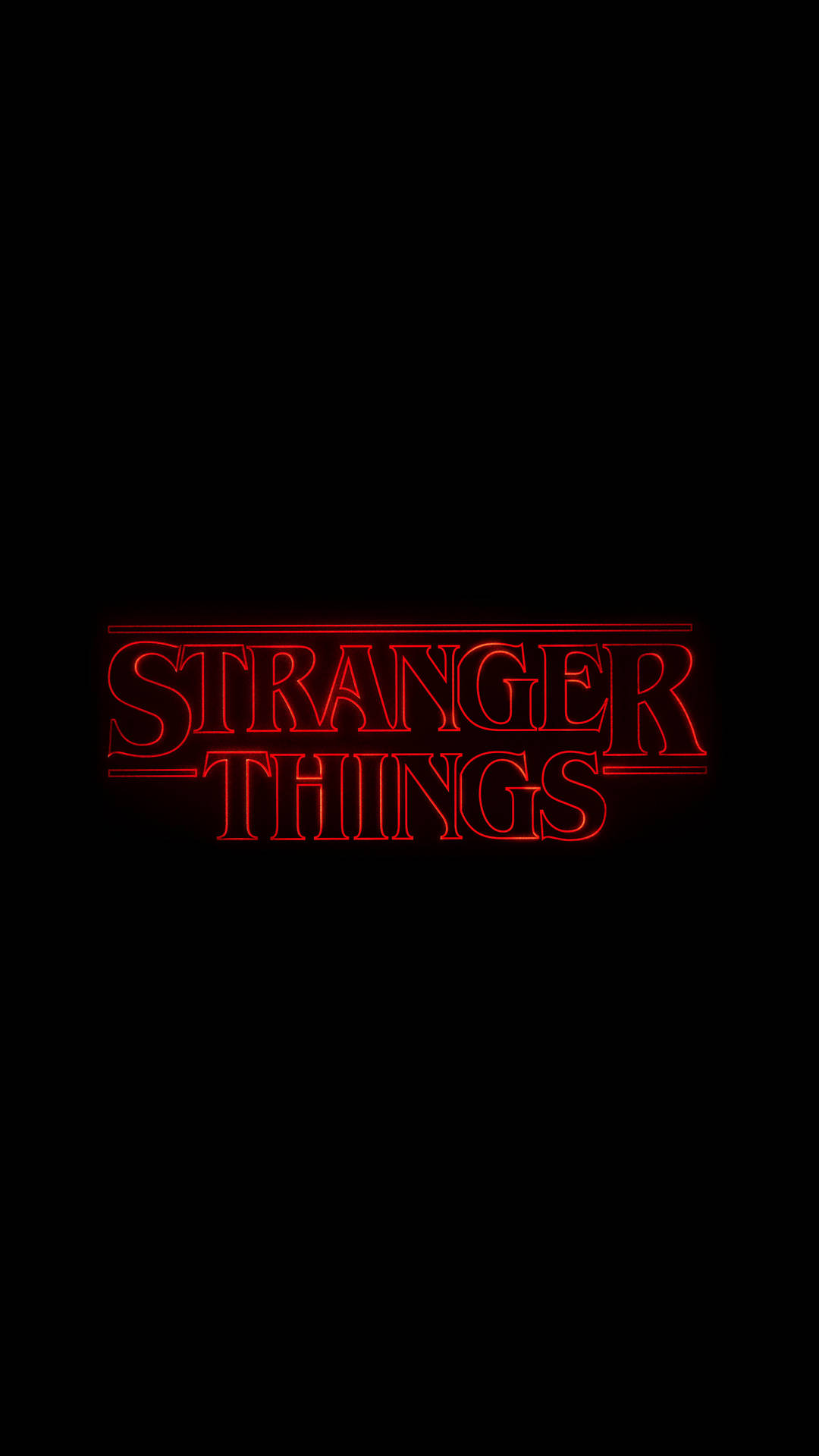  壁紙 — 在漆黑的背景上，一個發光的紅色霓虹燈牌寫著 stranger things。