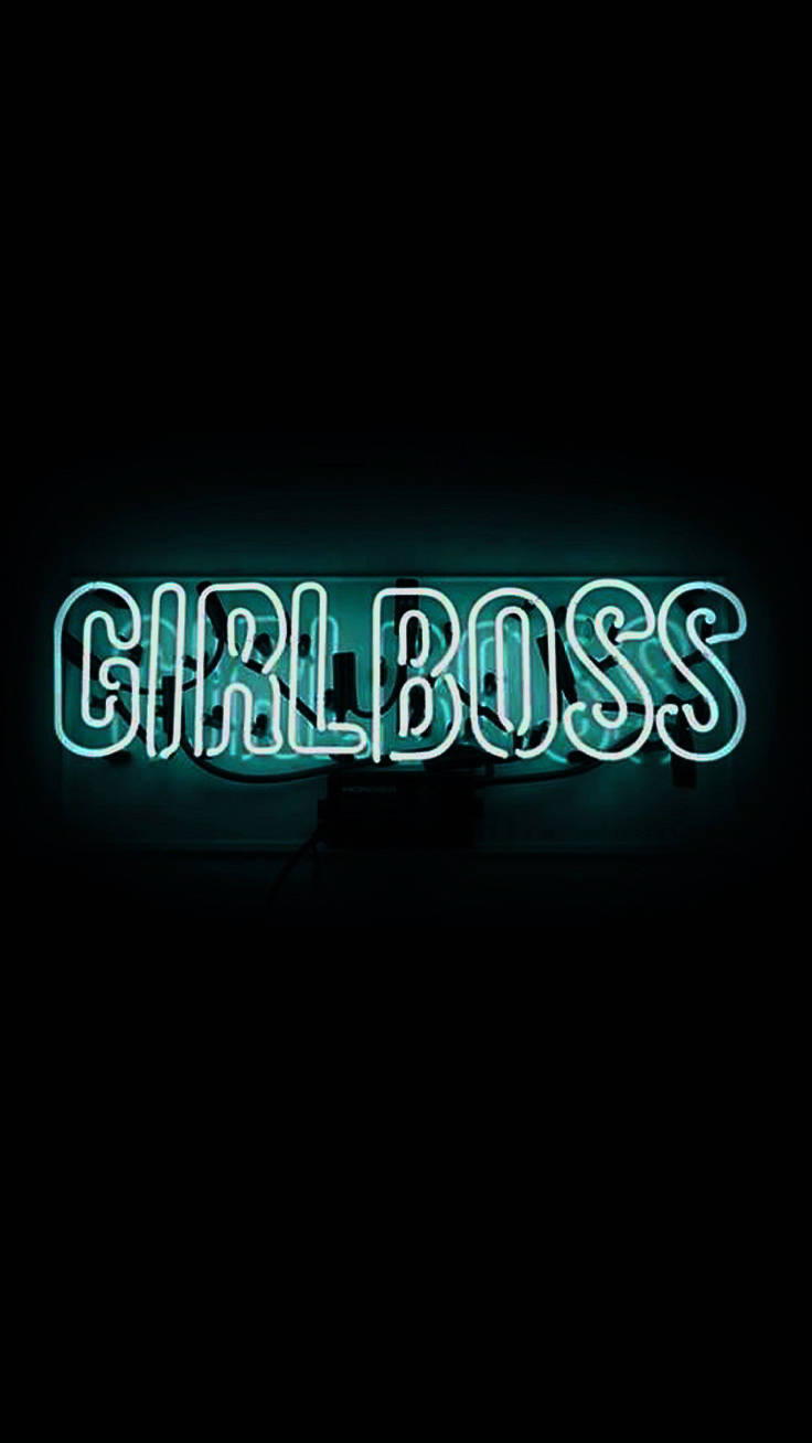 青色GIF 桌布 壁紙 — 在漆黑背景上發光的青綠色霓虹燈牌，拼出「GIRLBOSS」。