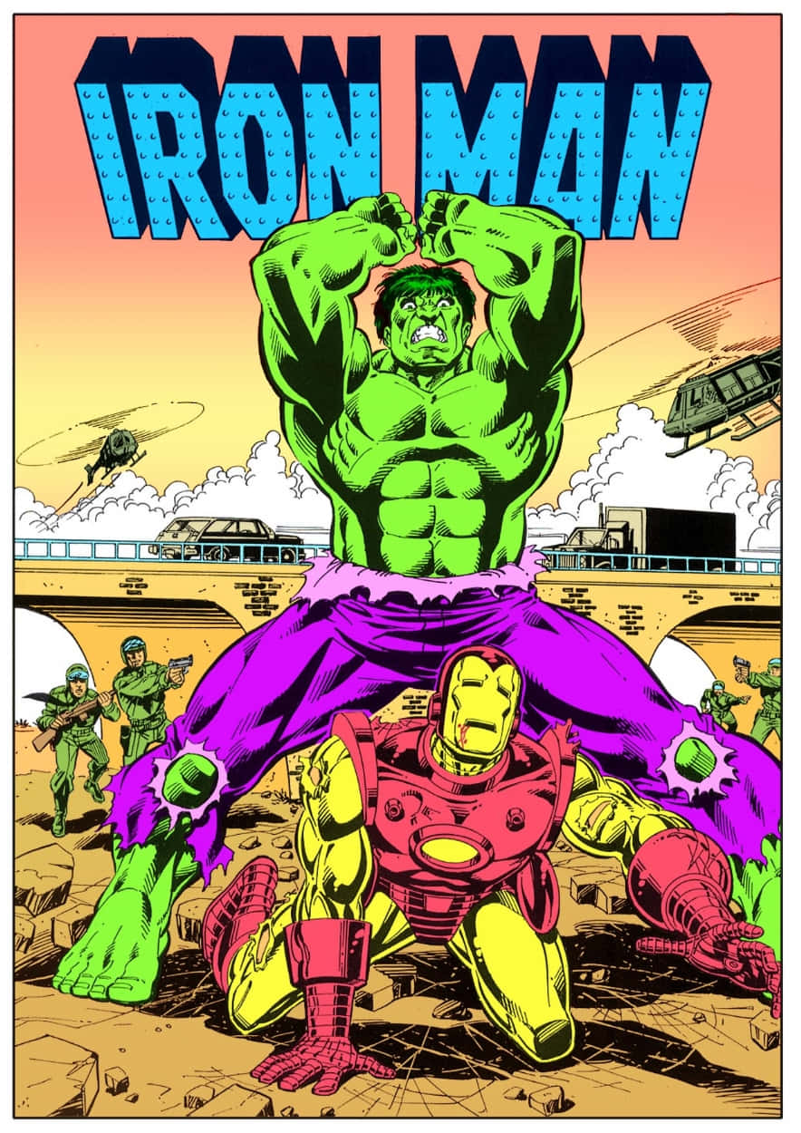 Iron Man Comics 桌布 壁紙 — 在漫畫風格的戰鬥場景中，浩克聳立在鋼鐵人之上，背景有直升機和士兵。