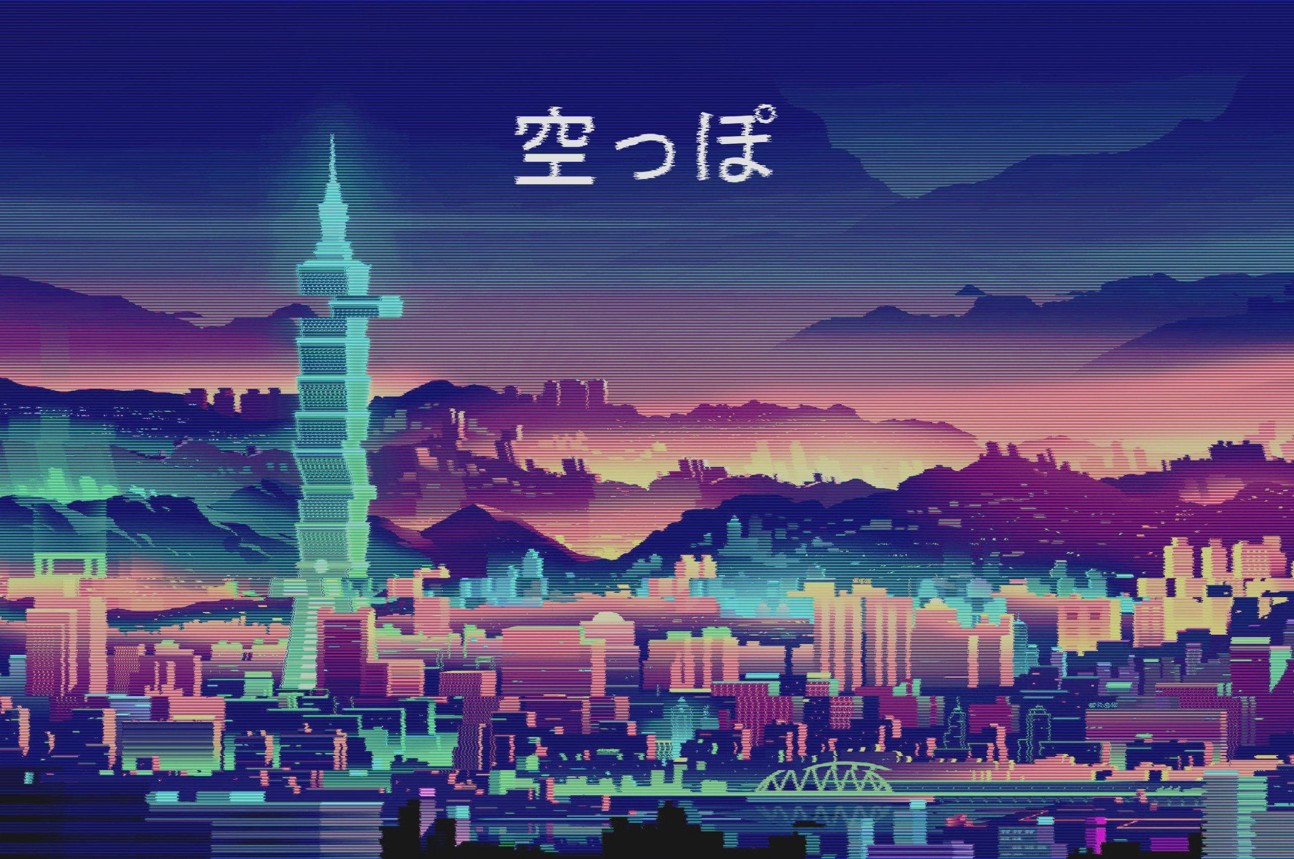 美少年動態圖 桌布 壁紙 — 在漸層天空下，霓虹燈閃爍的賽博龐克黃昏城市景觀，發光的摩天大樓和像素化的山脈。