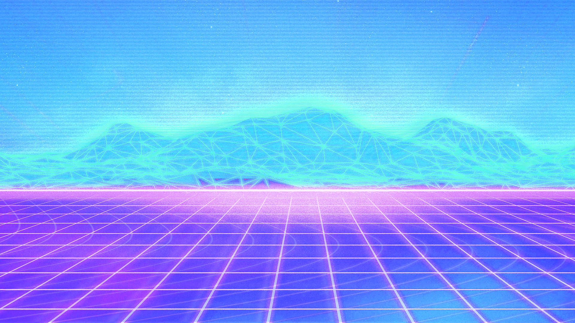 蒸氣波 桌布 壁紙 — 在漸層天空下，霓虹網格地板延伸向發光的多邊形山脈，構成復古未來主義的數位景觀。