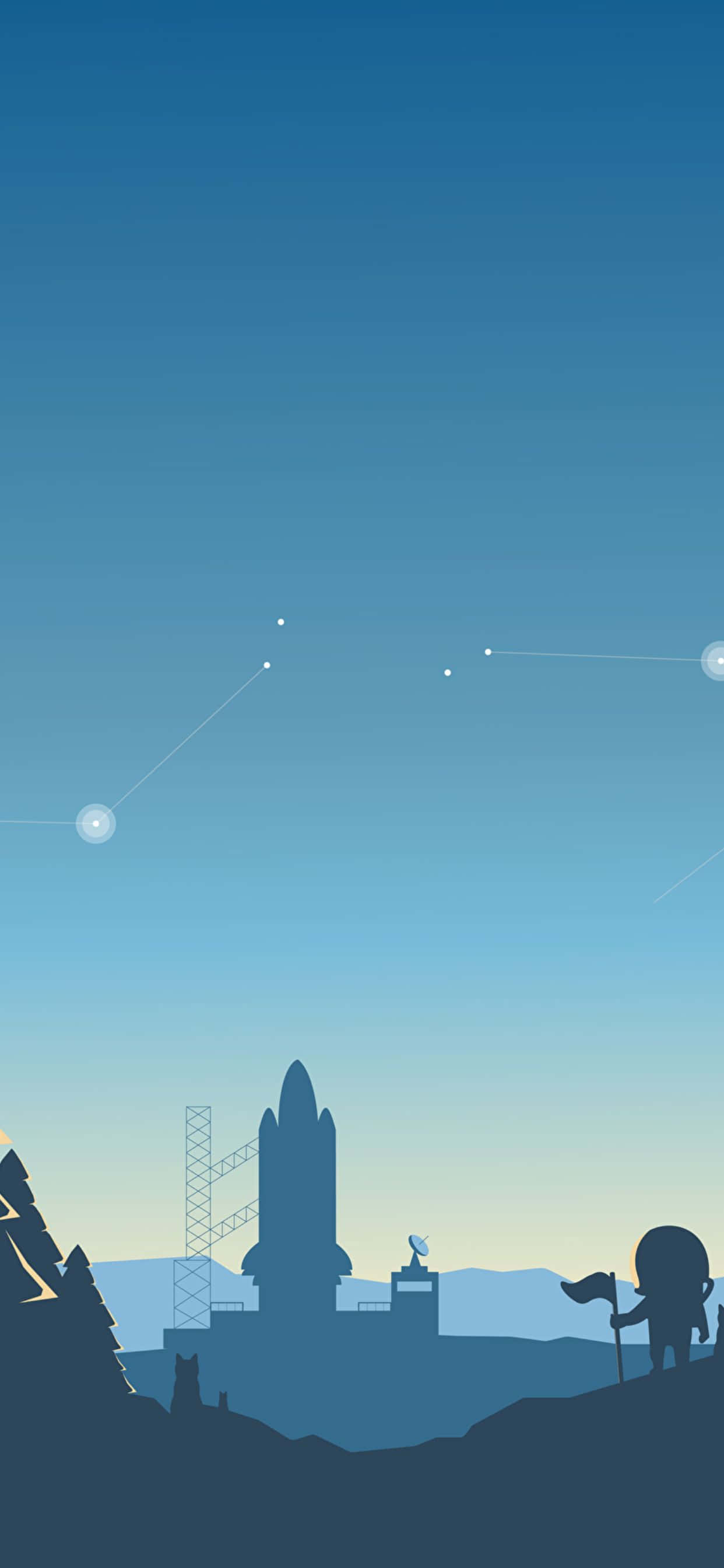 Minimalist Phone 桌布 壁紙 — 在漸層藍天下，發射台上的太空梭剪影，點綴著星座和山坡上的孤獨探險家。