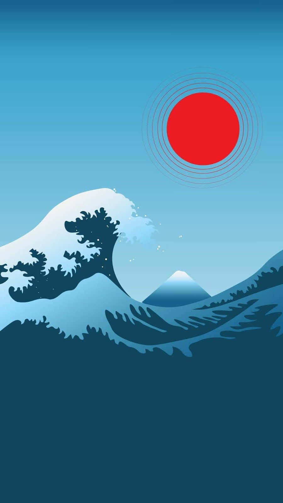 Aesthetic Wave 桌布 壁紙 — 在漸層藍天和遠山的背景下，一個風格化的波浪在醒目的紅日下翻湧。