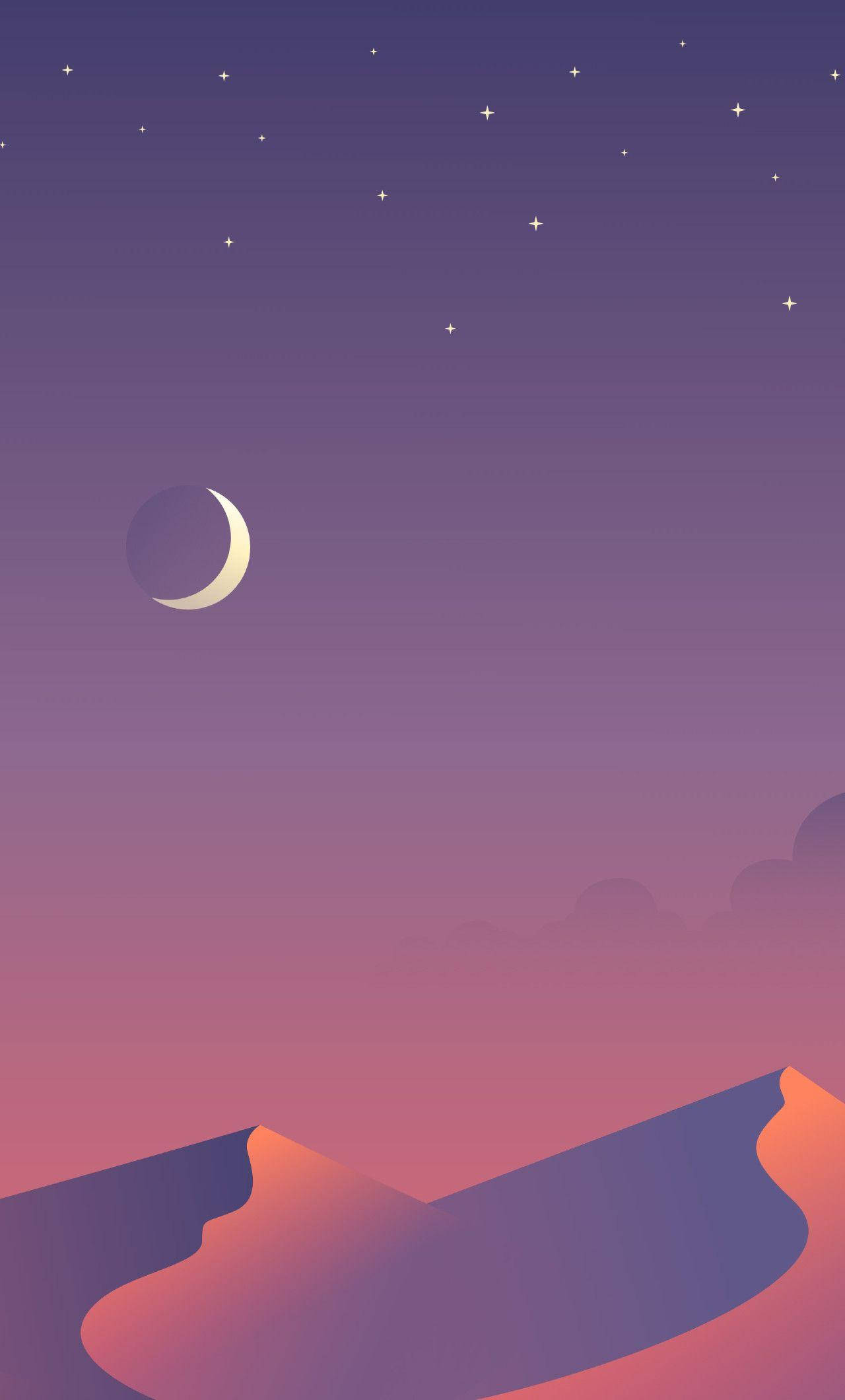 Modern 桌布 壁紙 — 在漸變夜空下，紫色粉紅沙丘上方的新月和星星的極簡數位插圖。