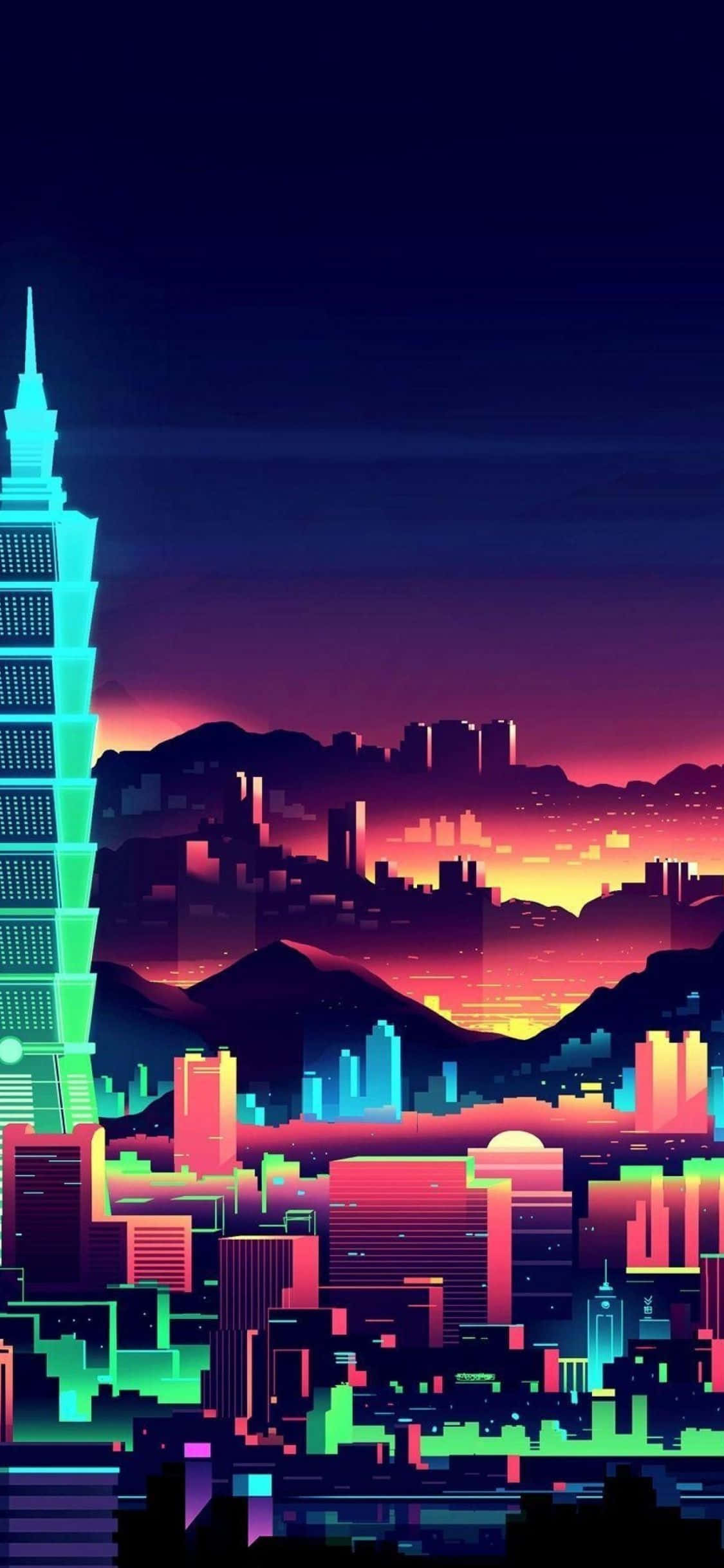 Retro 桌布 壁紙 — 在漸變天空下，一個霓虹燈閃爍的賽博龐克城市景觀，黃昏時分，高樓大廈發光，山脈呈現像素化。